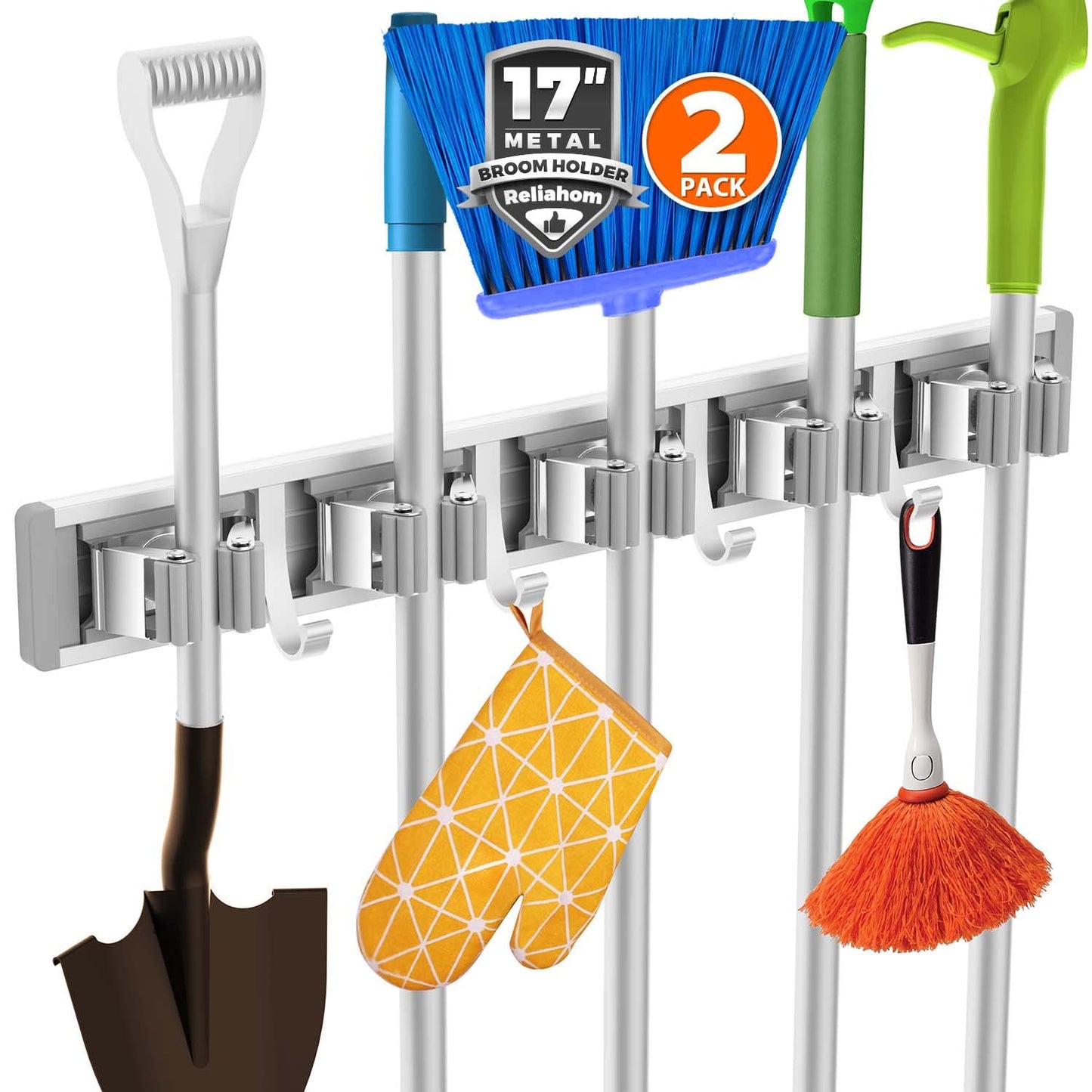 reliahom Broom Holder Wall Mount, 2 Pack 5 Racks with 4 Hooks Silver - Mop Storage Tool Racks, Broom Hanger Tool Organizer for Garage, Kitchen, Garden, Laundry Room