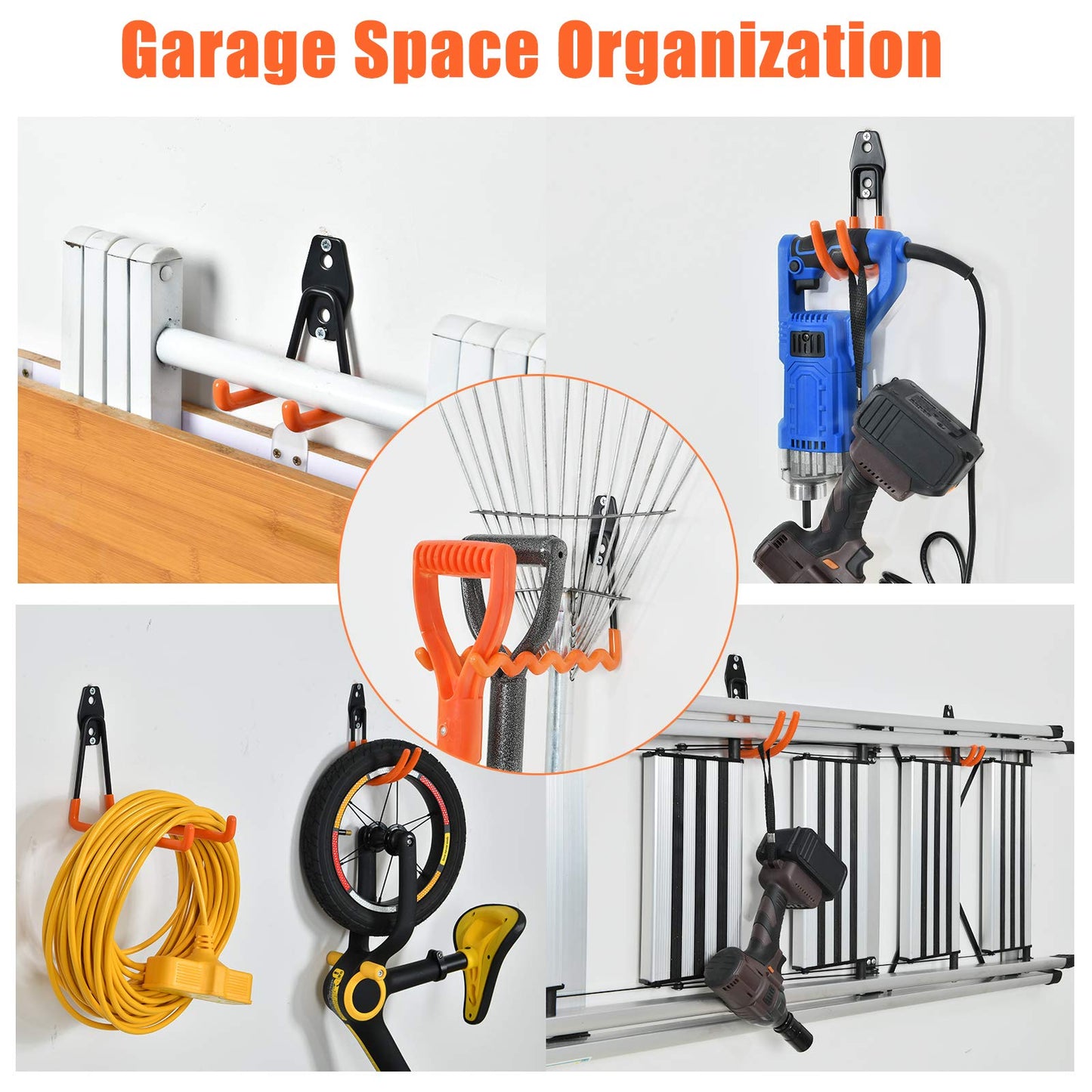 AOBEN 24PCS Garage Hooks, Heavy Duty Double Garage Hanger Organizer Wall Mount Iron Anti-Slip Garage Storage Hooks for Ladder, Power Tool,Bike,Ropes（23 Hooks & 1 hoder Strap-Gray