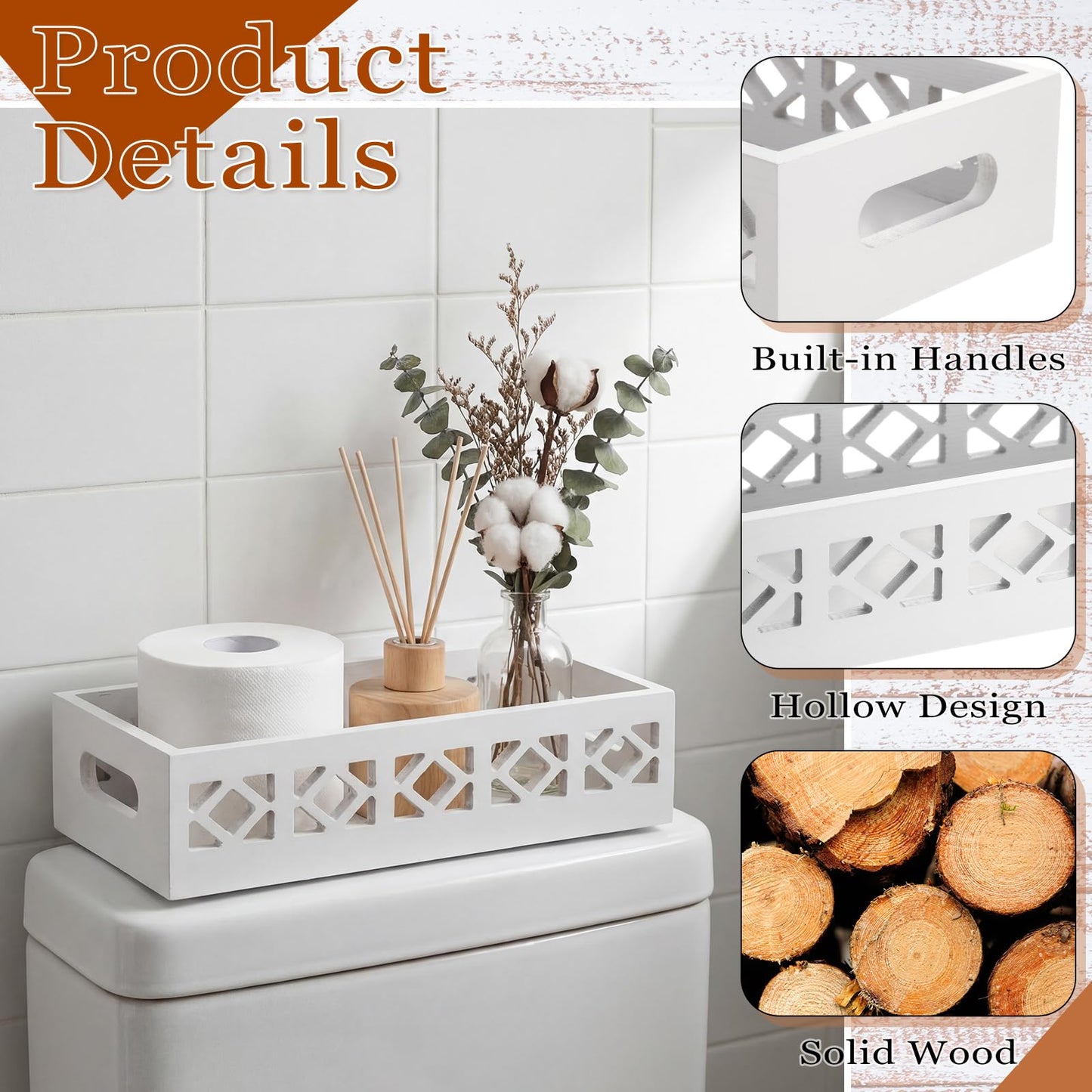 Qunclay 2 Pack White Toilet Tank Baskets Wooden Toilet Tank Top Paper Baskets with Handle Rustic Hollow Bathroom Paper Organizer Holders Farmhouse Decorative Bathroom Storage Box