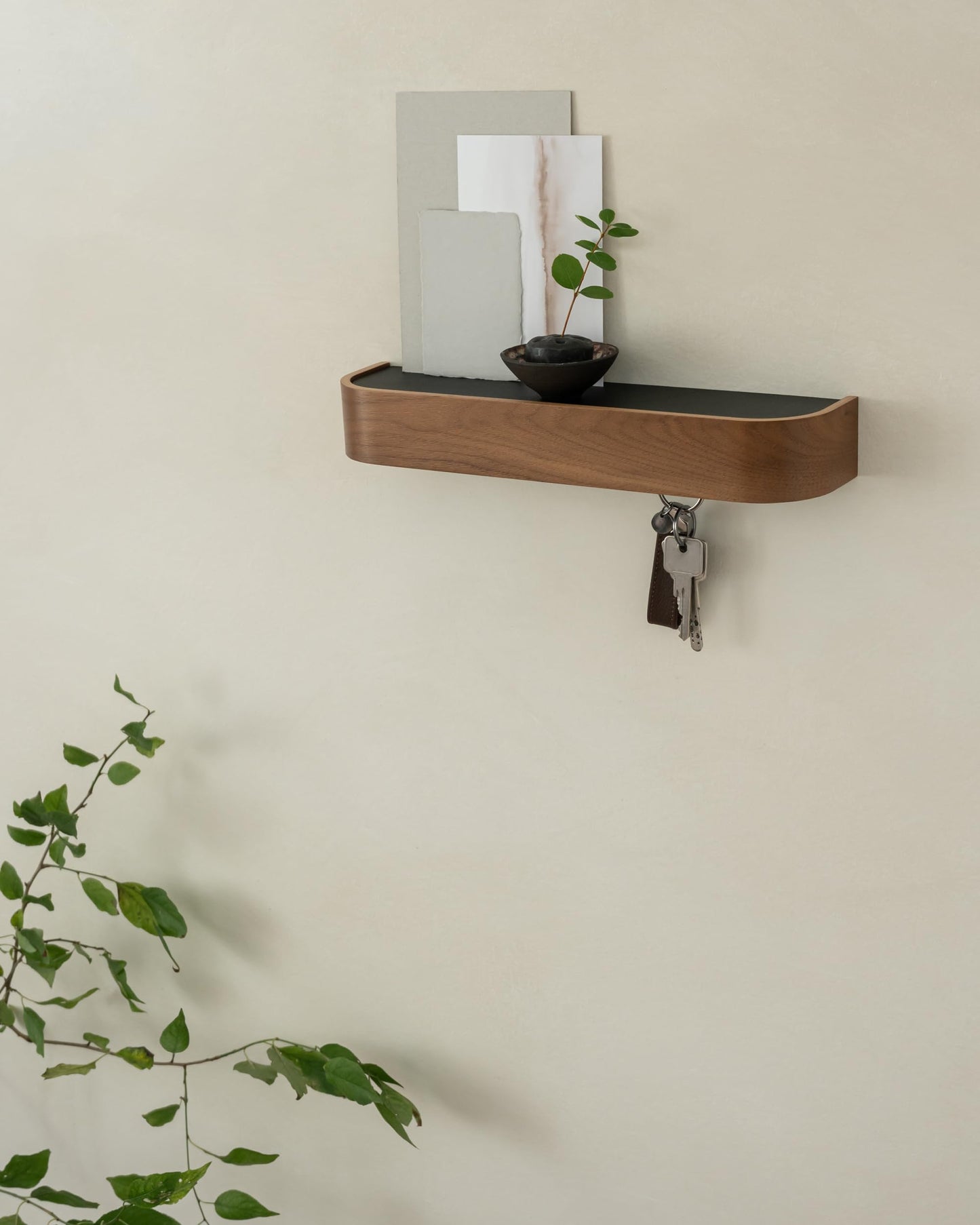 Kazai. Key Holder 'Toke' | Minimalist Key Hook Design from Berlin | Modern Key Holder Wall Mount with Wooden Shelf | Key Rack for Wall as Entryway Organizer | Walnut