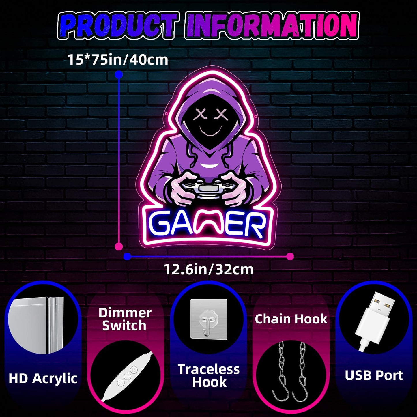 QEOICINH Gamer Neon Sign, Purple Hooded Gamer Neon Signs for Wall Decor,Gamer Room Decor for Boys, Teenage Boy Gifts, Gamer Gifts, Wall Light for Game Room, Man Cave