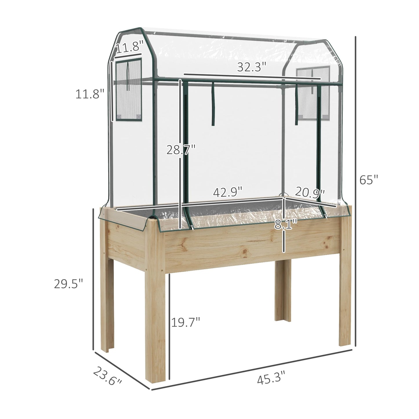 Outsunny Raised Garden Bed with Plastic Greenhouse Cover and Bed Liner, Outdoor Elevated Wood Planter Box for Herbs and Vegetables, Use for Patio, Backyard, Balcony, 45 x 24 x 65 inch, Natural