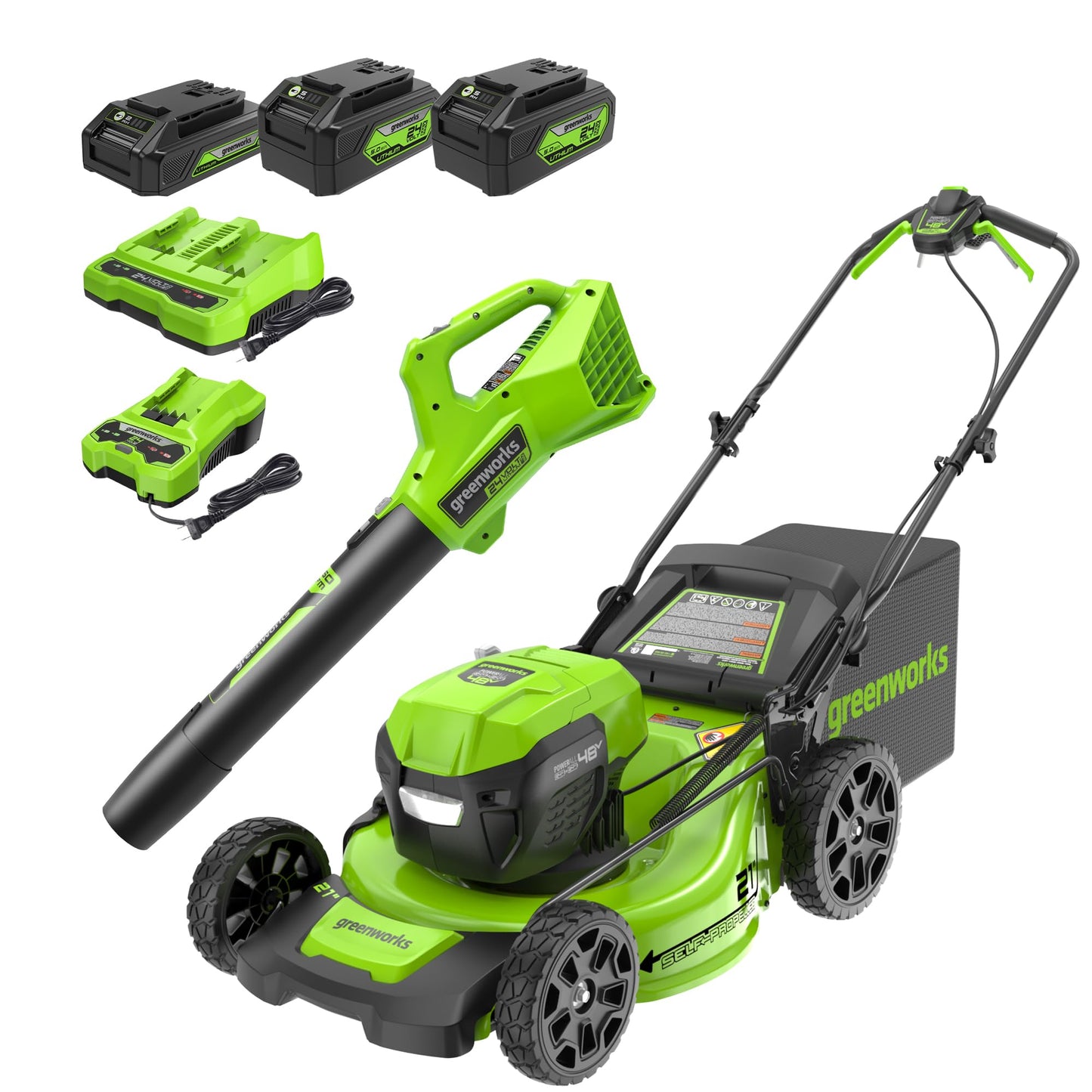 Greenworks 48V (24V x 2) 21" Cordless Battery Self-Propelled Mower & 320 CFM Blower Combo Kit w/ (2) 5.0Ah USB Batteries, (1) 2.0Ah Batter & Chargers