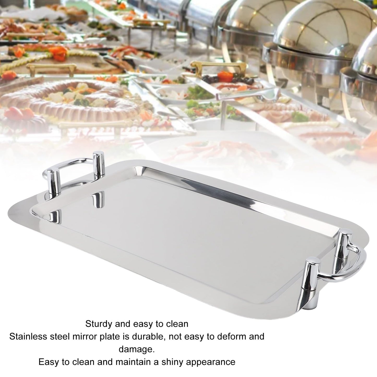 Fockety Stainless Steel Serving Tray, Multifunction Portable Metal Serving Tray with Handle, Buffet Serving Snack Tray for Coffee, Desserts, Cakes, (Rectangle Shape with