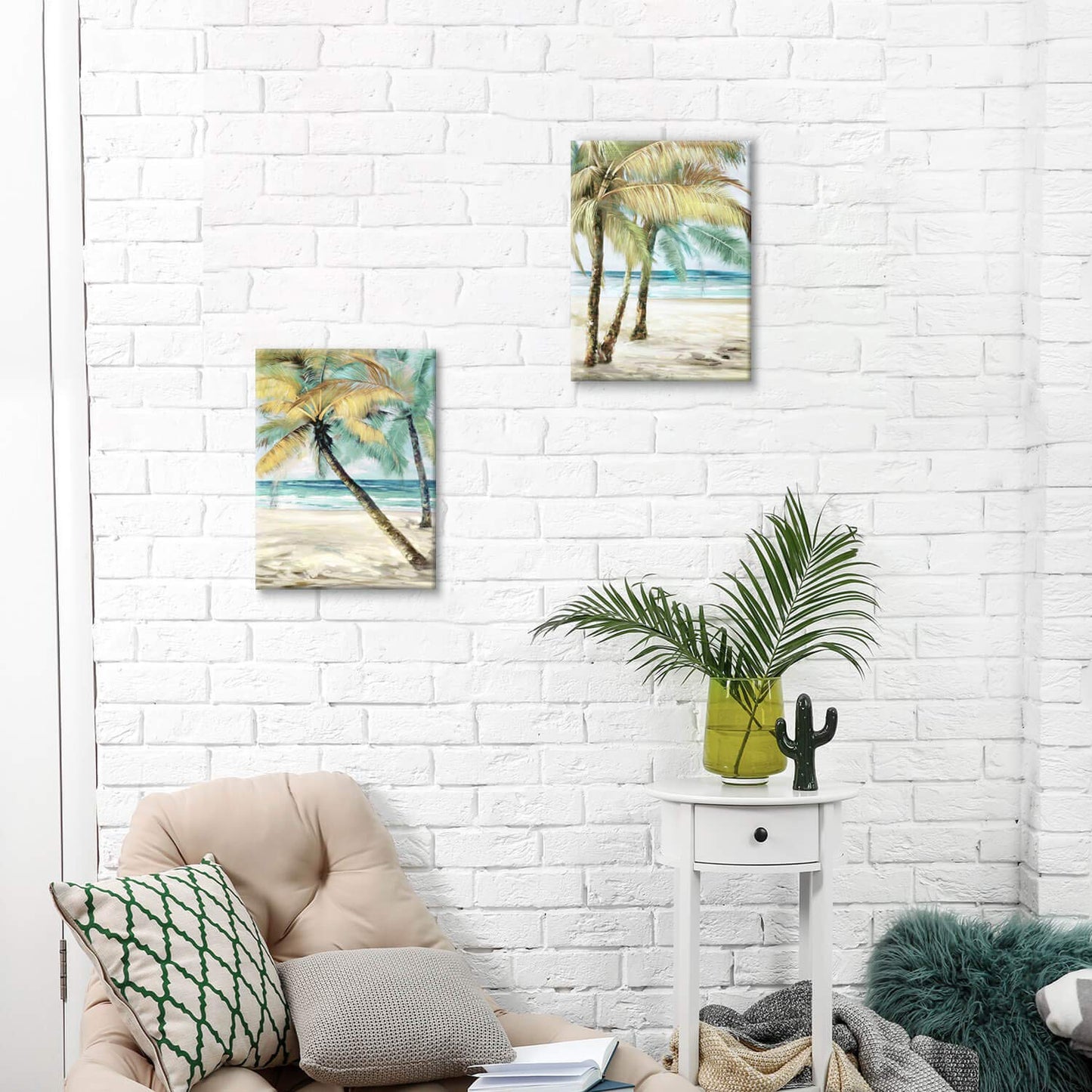 ARTISTIC PATH Beach Palm Trees Wall Art: Abstract Coastal Seascape Hand Painted Artwork Painting on Canvas Pictures for Living Room (11" W x 16" H x 2 PCS, Multi-Sized)