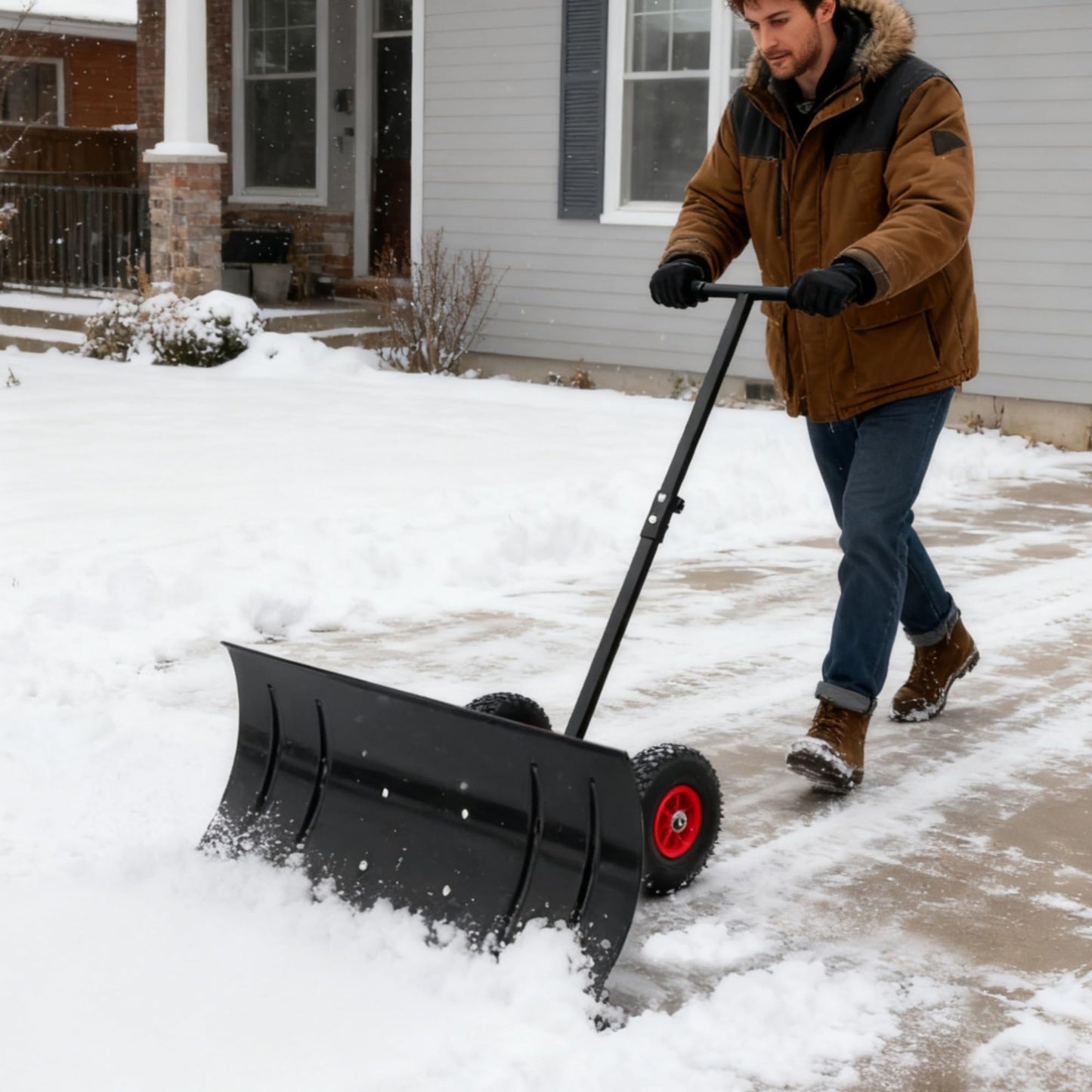 Snow Shovel with Wheels,29" Wide Metal Snow Pusher Shovel with 15" Height &10" Wheels,Adjustable Angle&Height Handle,Effortless Snow Removal,Ergonomic Design for Driveway&Sidewalk (Black Single Rod)