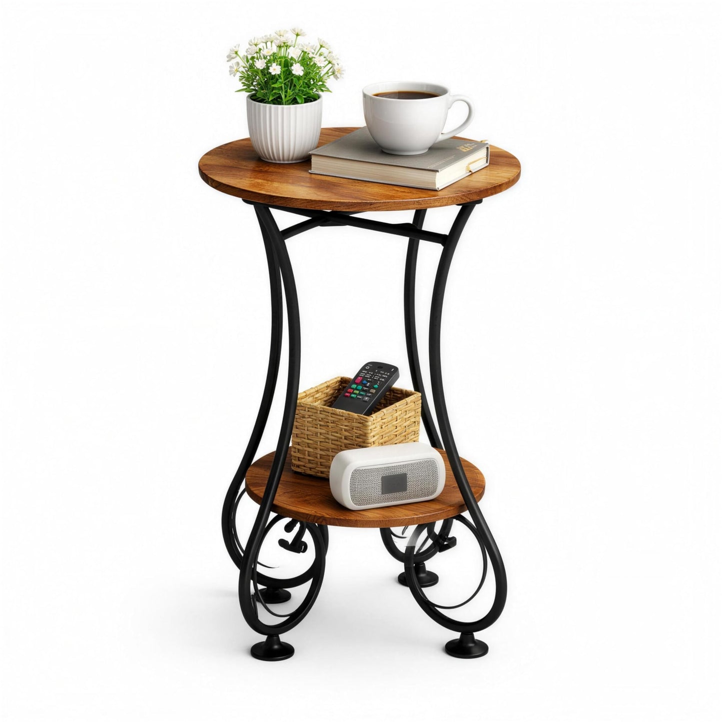 X-cosrack Small Round Side Table with Lower Shelf for Small Spaces, Compact End Table for Sofa, Bedside Nightstand, Coffee & Drink Table for Living Room, Bedroom, Balcony