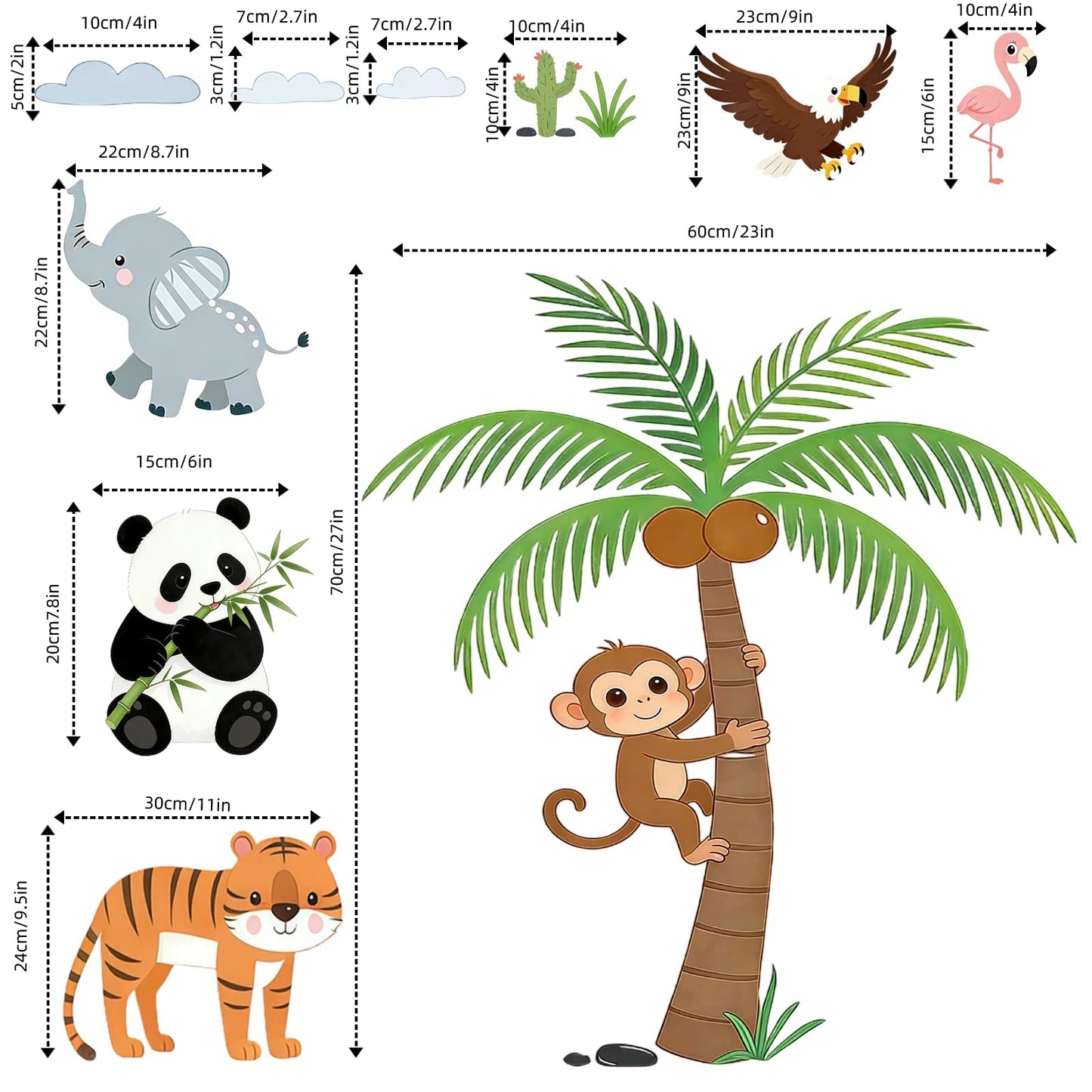 Jungle Tree Animal Wall Decals with Eagle Monkey Tiger Panda Elephant, Peel and Stick Safari Wall Stickers for Baby Nursery, Kids Bedroom and Playroom Decor