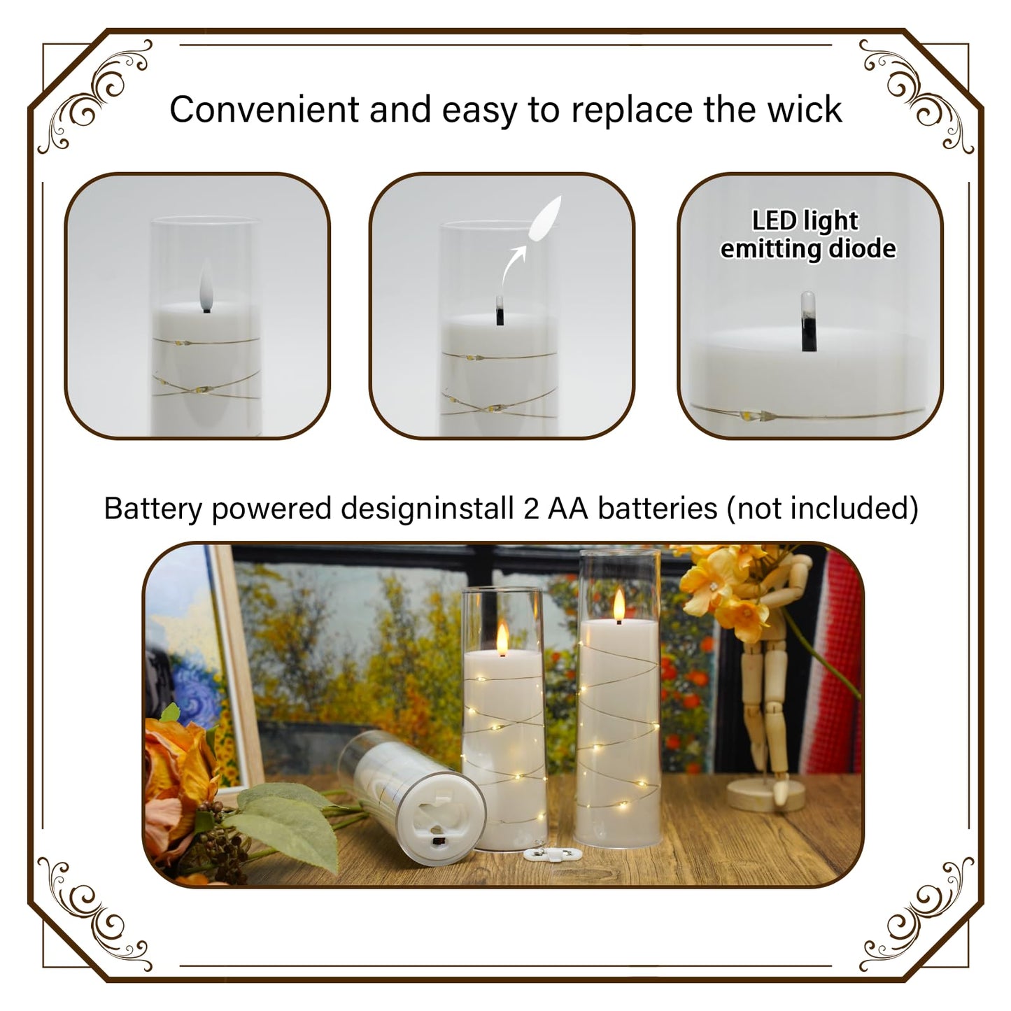 Nimiko Flickering Flameless LED Candles, 9 Pcs with Embedded Star String, Acrylic LED Pillar Candles with Remote, Suitable for Home Decoration (White)