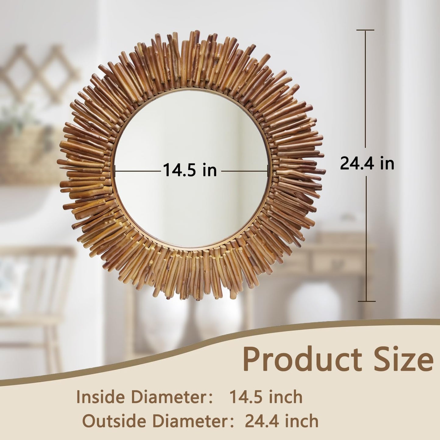 24 Inch Round Wall Mirror, Bohemian Sunburst Wall Mirror with Natural Wooden Stick Frame, Rustic Farmhouse Circle Decor Mirror for Bathroom, Bedroom, Living Room, Entryway Wall Art Decorative