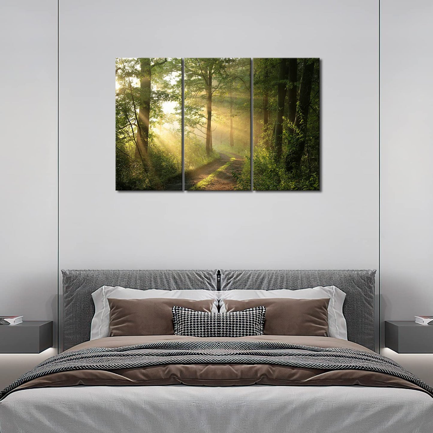 Forest Nature Wall Art Decor Sunshine Through Forest and Road Canvas Pictures Artwork 3 Panel Nuture Landscape Painting Prints for Home Living Dining Room Kitchen