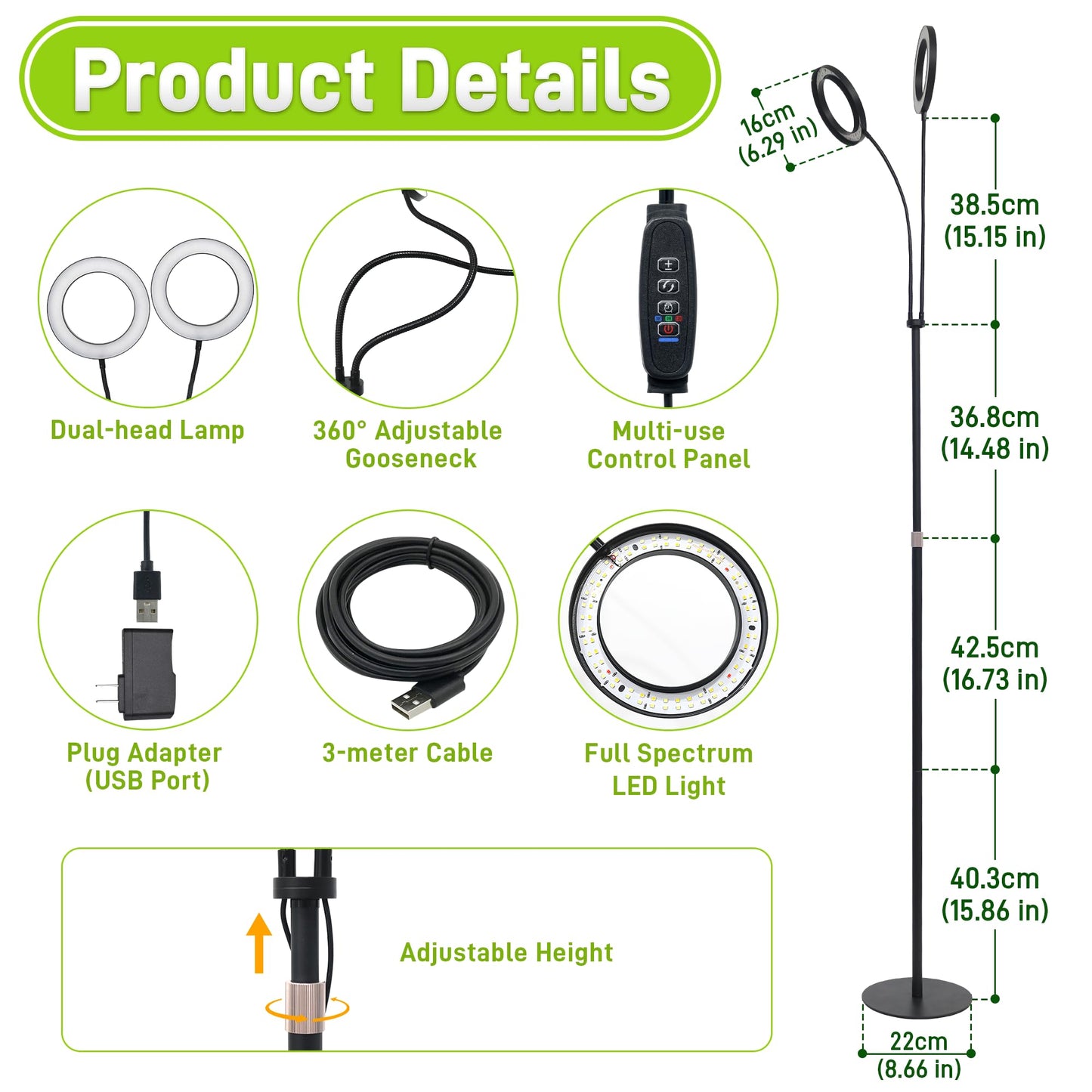 LETKEYS Grow Lights for Indoor Plants,Double Head Full Spectrum LED Plant Light with Stand,6 Dimmable Levels & 3 Lighting Modes, Auto On Off Timer 3/9/12H, 38-67 inches Adjustable Height, Black