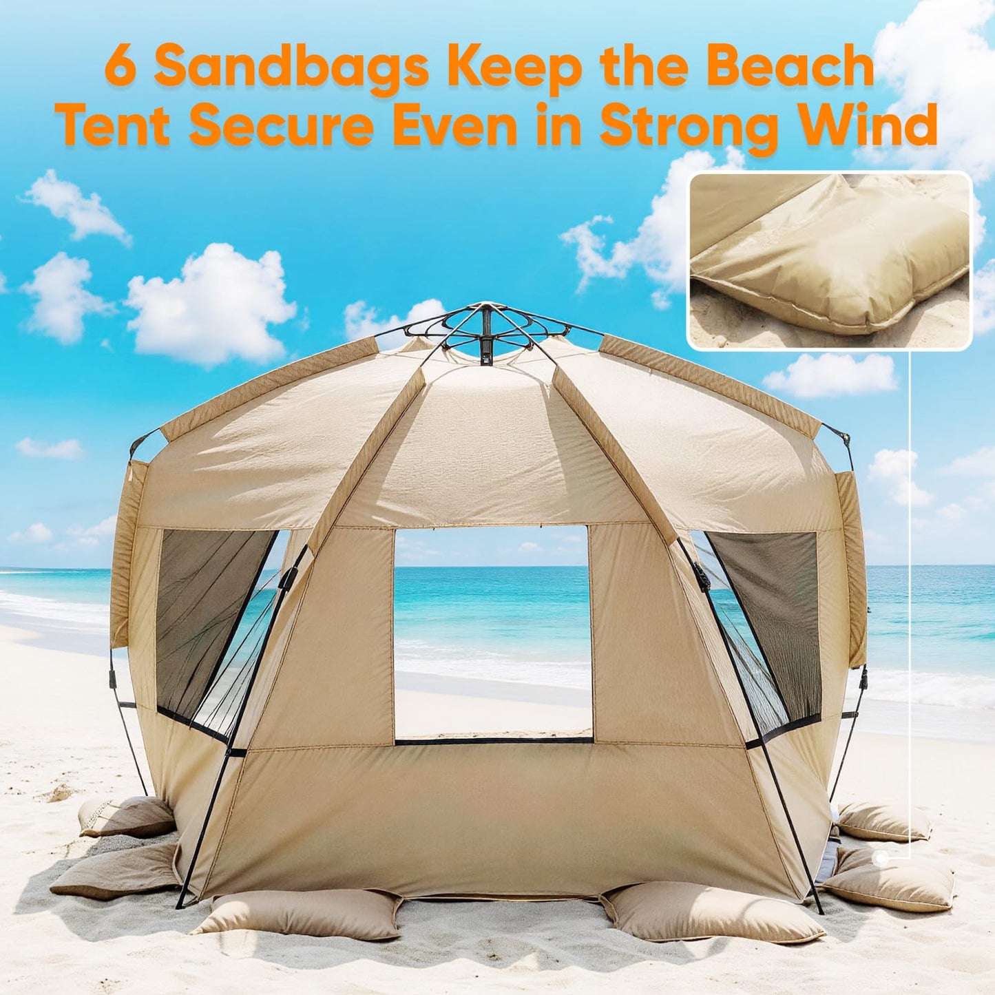 Golabs BT1 Pop up Beach Tent Sun Shelter for 3-Person, 1-Minute Setup by Pre-Attached Pole & UPF 50+, Beach Shade with Detachable Floor Mat, Mesh for Clear View & Airflow, only 7 lbs & Pocket and Hook