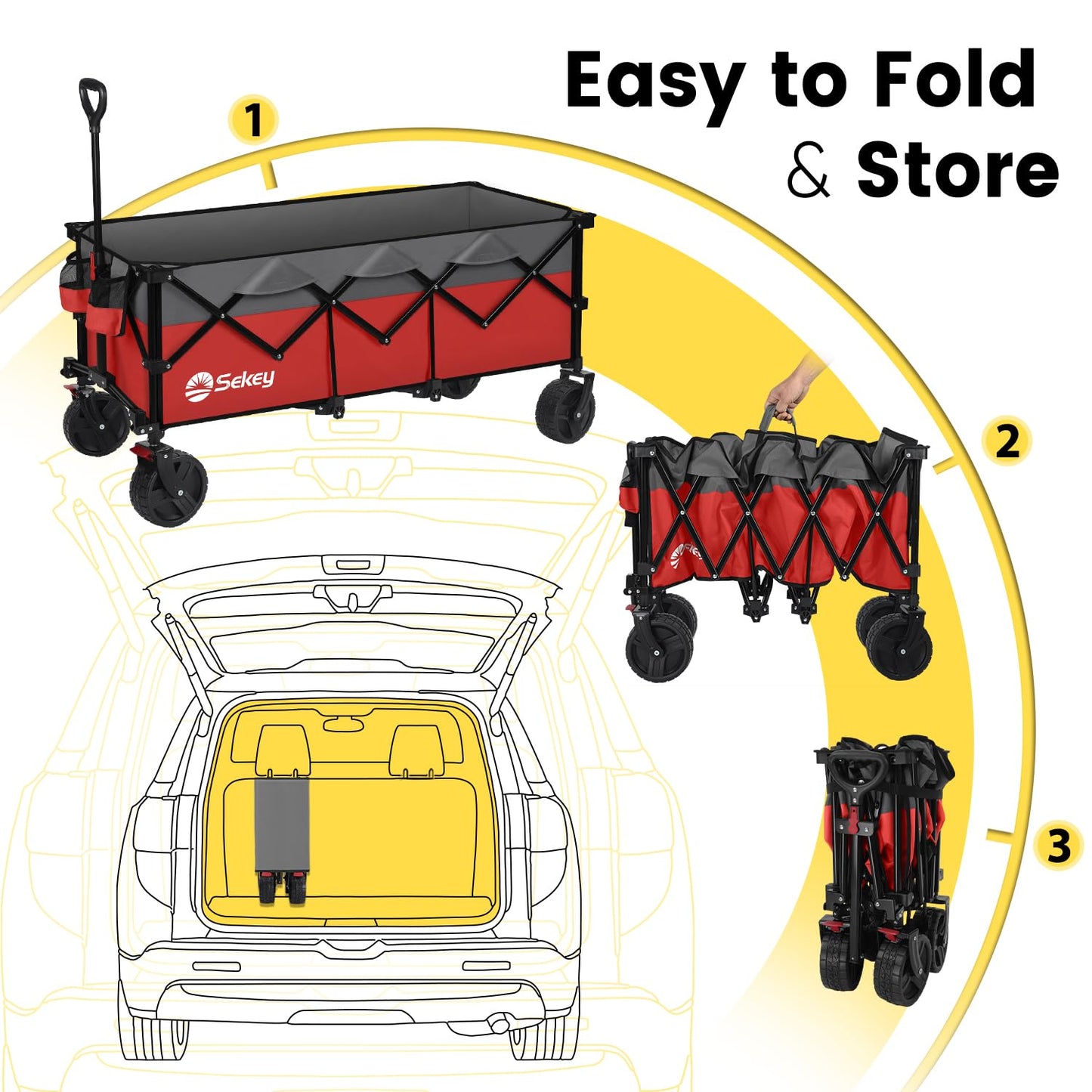Sekey 48''L Collapsible Foldable Extended Wagon with 660lbs Weight Capacity, Heavy Duty 300L Folding Utility Garden Cart with Big All-Terrain Beach Wheels & Drink Holders. Red&Grey