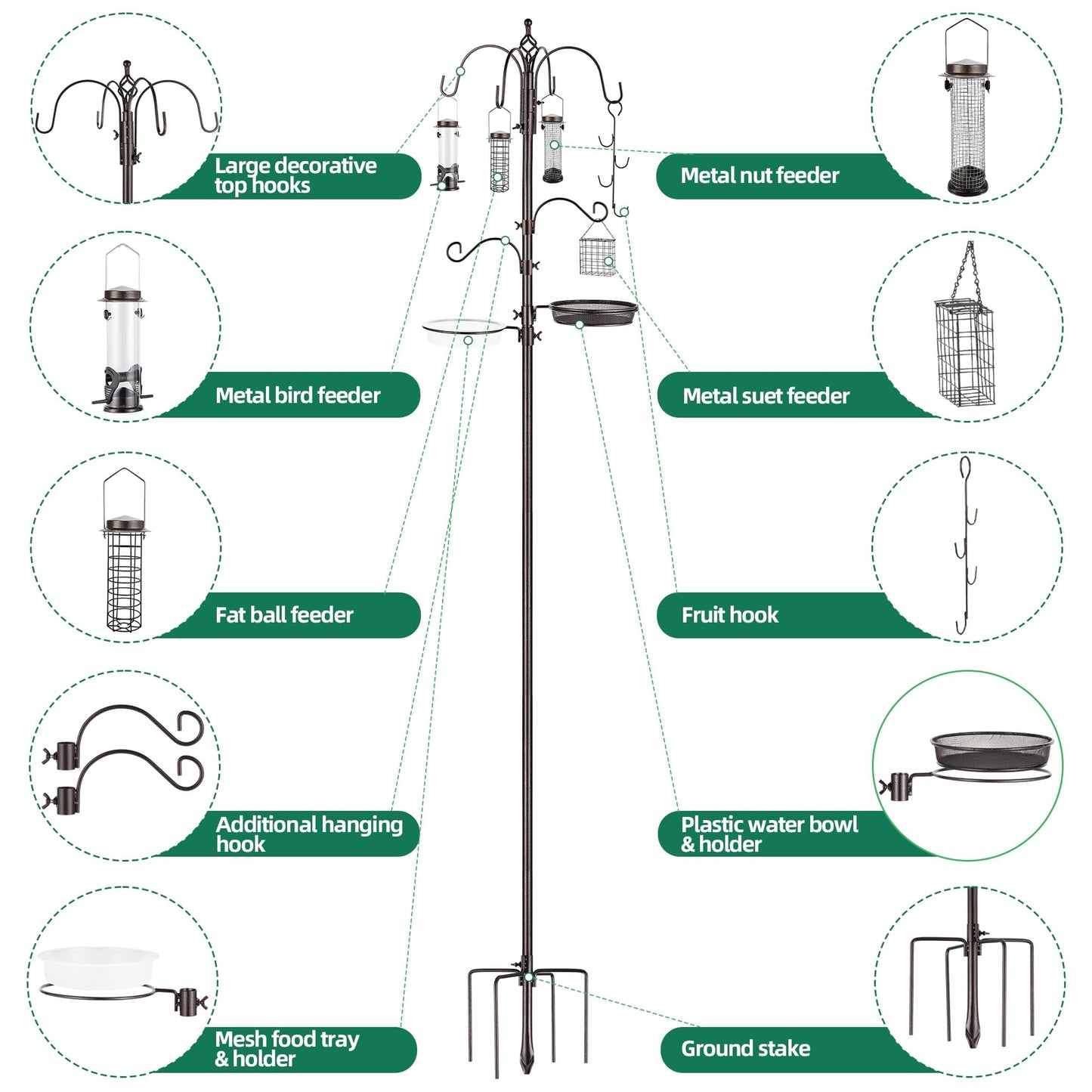 Bird Feeding Station Kit Pole Wild Bird Feeder Hanging Planter Hanger Multi Feeder Hanging with Metal Suet Feeder Bird Bath for Attracting Wild Birds