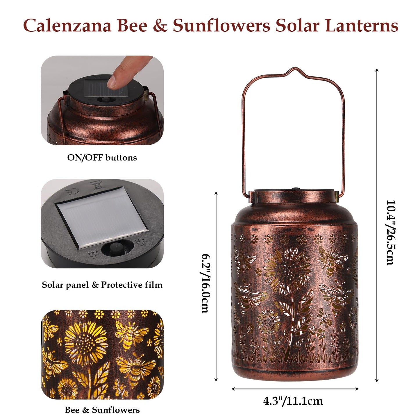Calenzana Outdoor Waterproof Solar Lanterns Bee & Sunflower Hanging Solar Garden Light, Christmas Birthday Gifts for Women Mom Grandma, Metal Solar Decoration Outside for Yard, Patio, Backyard, Porch
