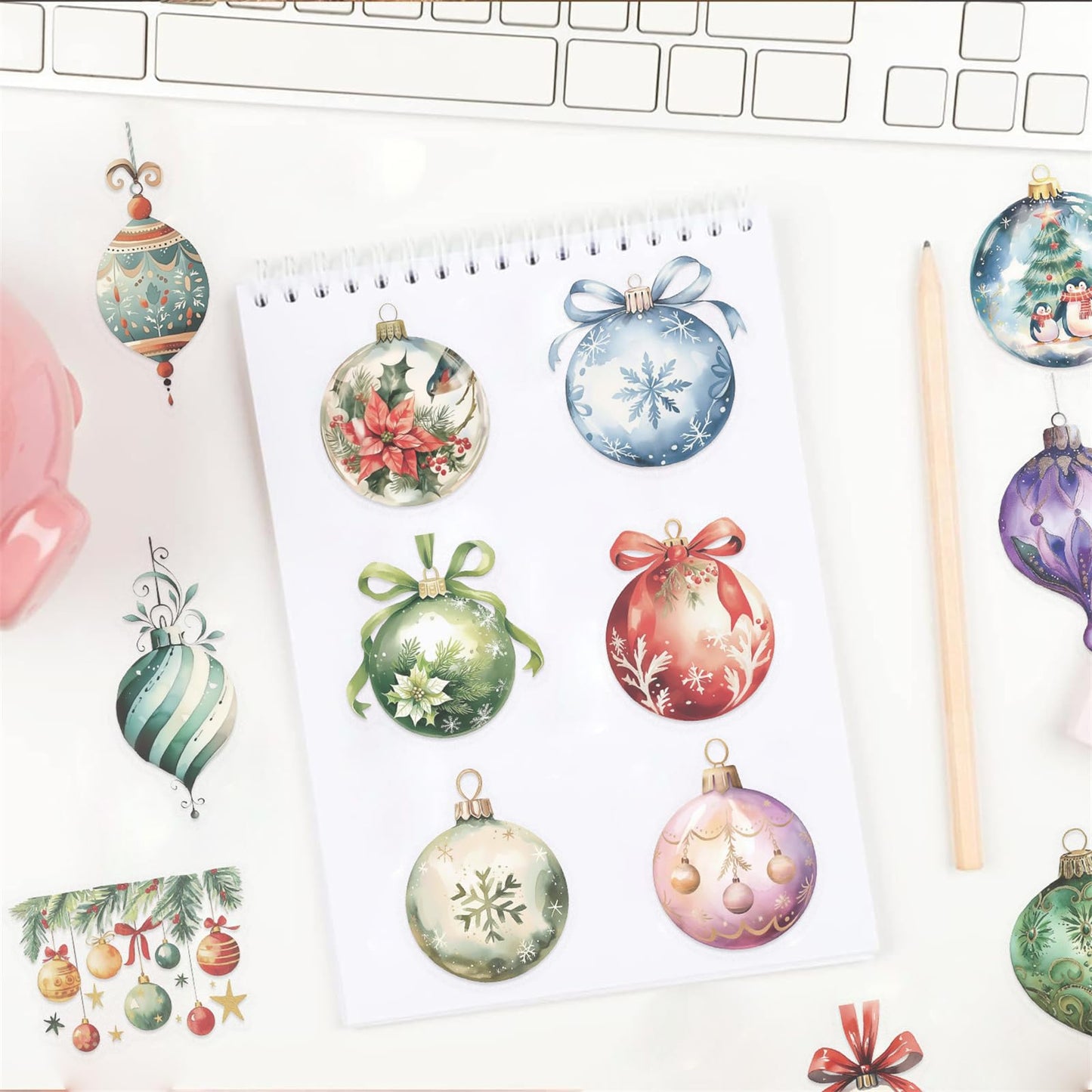 50 Pieces Christmas Themed Transparent Stickers for Scrapbooking, Ornament Ball Self-Adhesive Scrapbooking Stickers Supplies Journal Stuffers for Adult Card Making Letters DIY