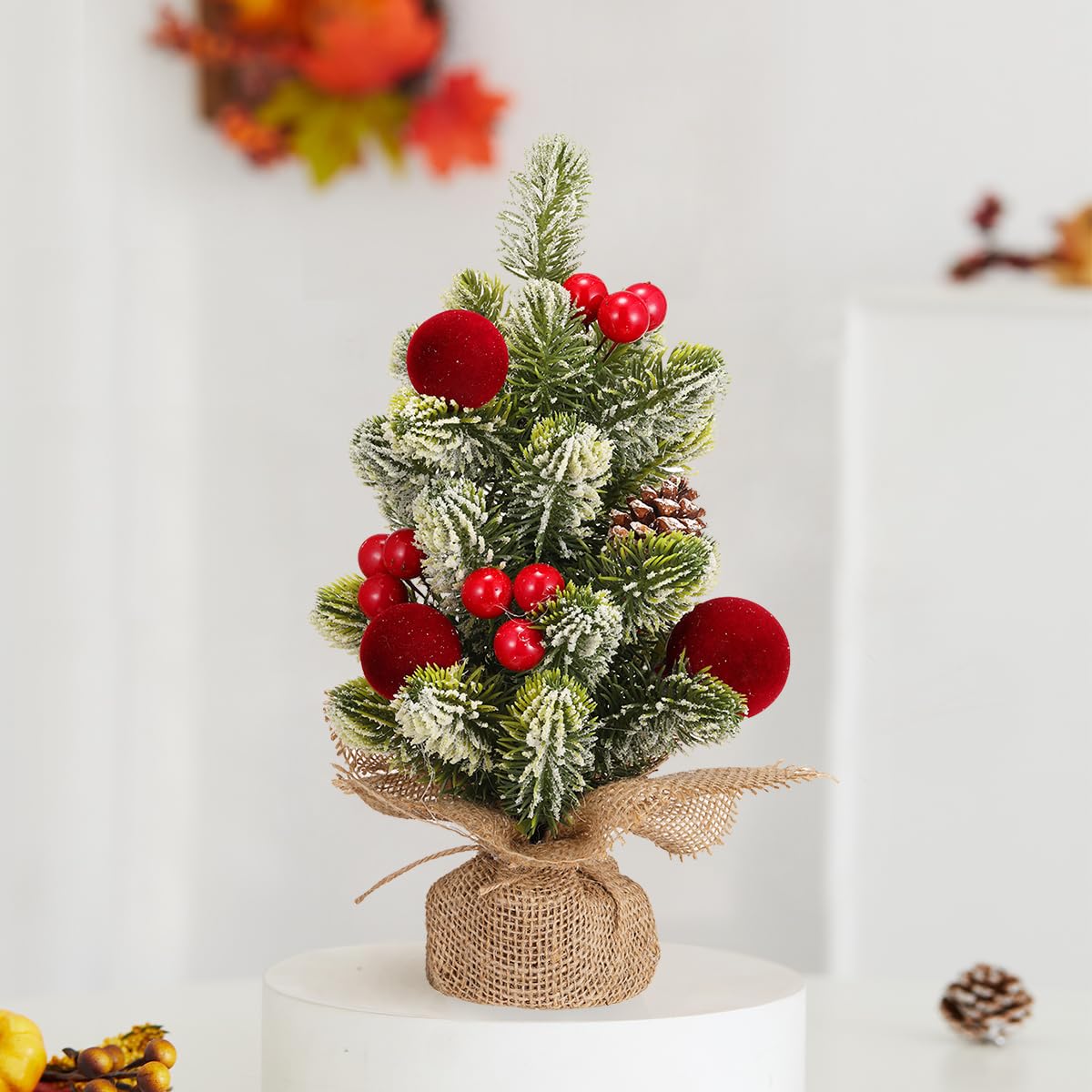MYELLU Burlap Small Christmas Tree Decor with Lights - Mini Tabletop Artificial Tree Centerpiece for Indoor Home Office Desk Holiday Decorations(Red Ornament)