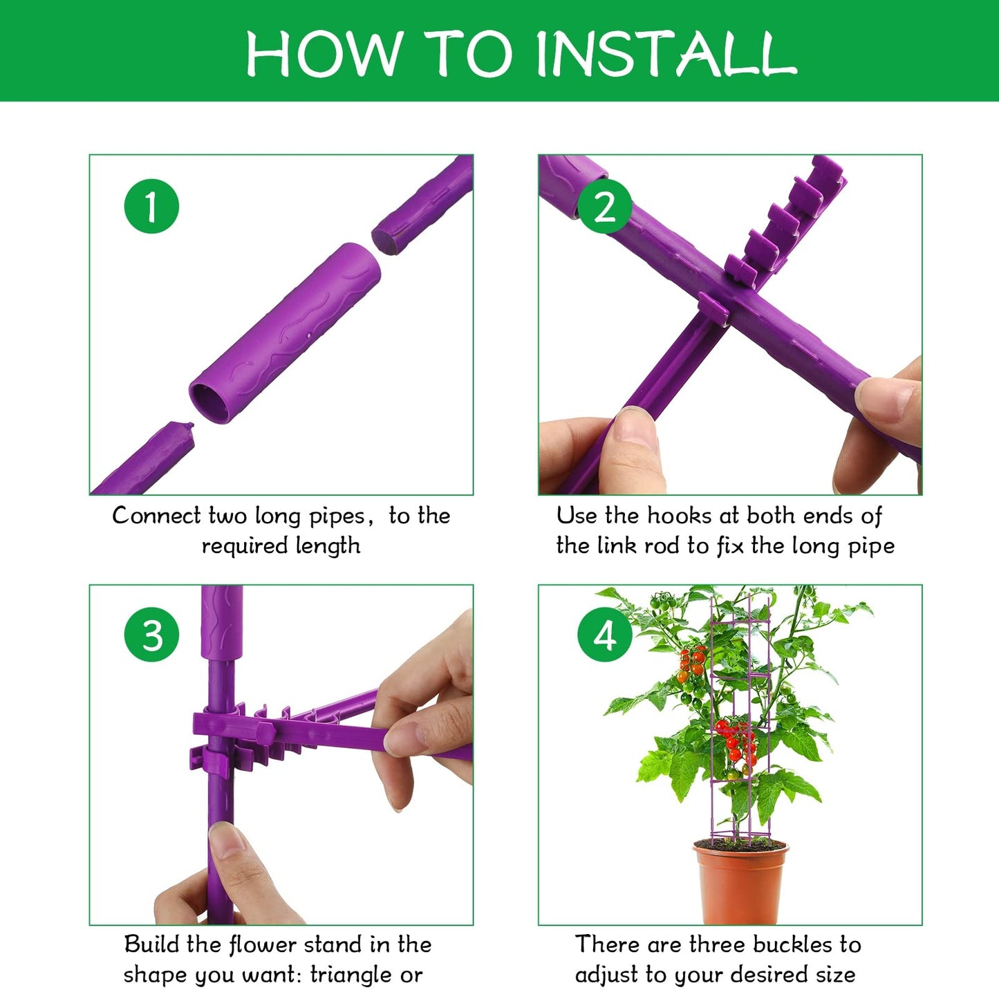 4 Packs Large Tomato Cages for Garden up to 6.5ft Heavy Duty Tomato Plant Trellis with 80 Clips Assembled Plant Support Cages with Adjustable Stake Arms for Vegetables, Climbing Plants (Purple)
