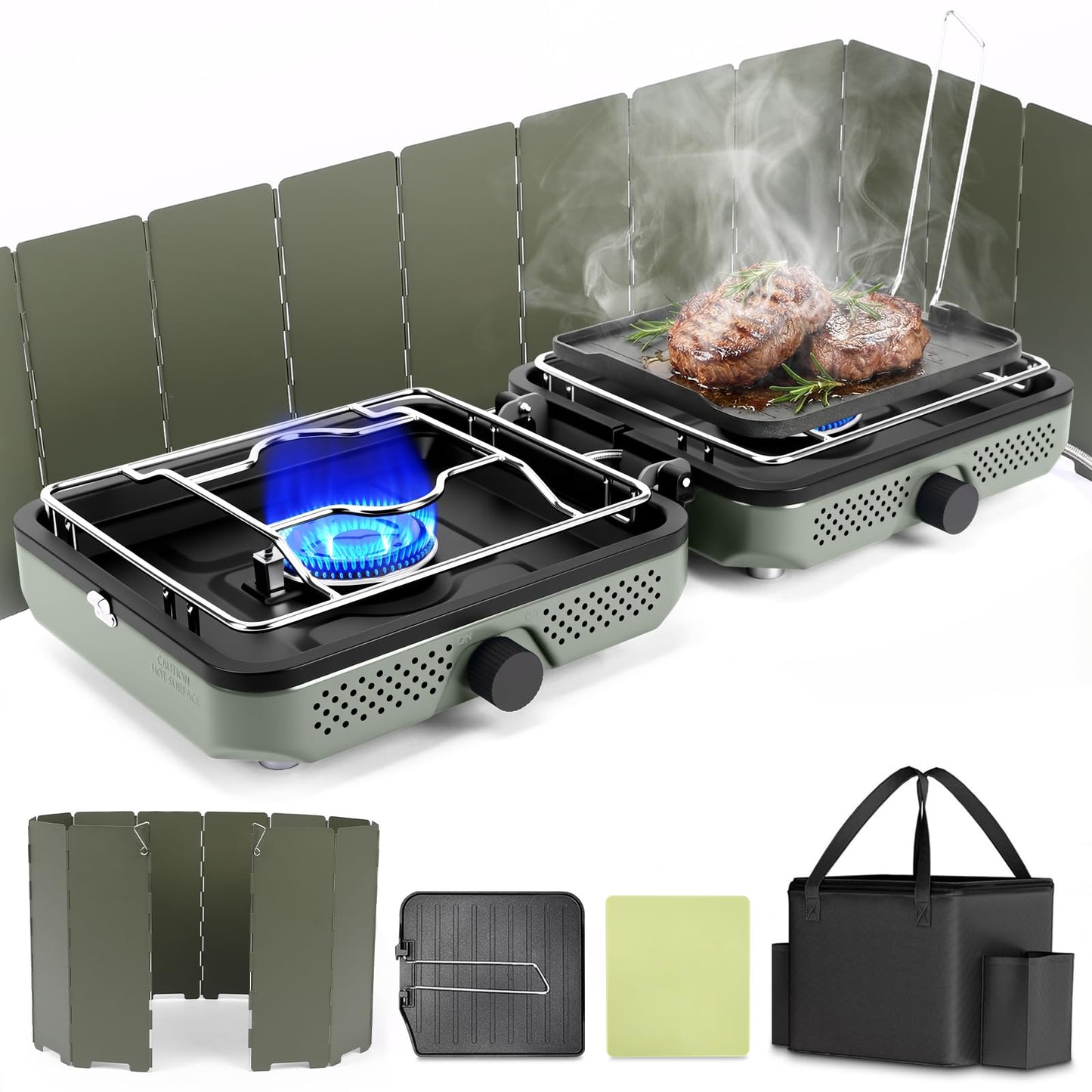Hisencn Camping Stove,2 Burner Propane Camping Stove with Windscreen,30,000 BTU Portable Propane Stove with Carry Bag,Outdoor Cooking Stove set for Camping Gear,RV Essentials,Camp Gifts for Man,Green