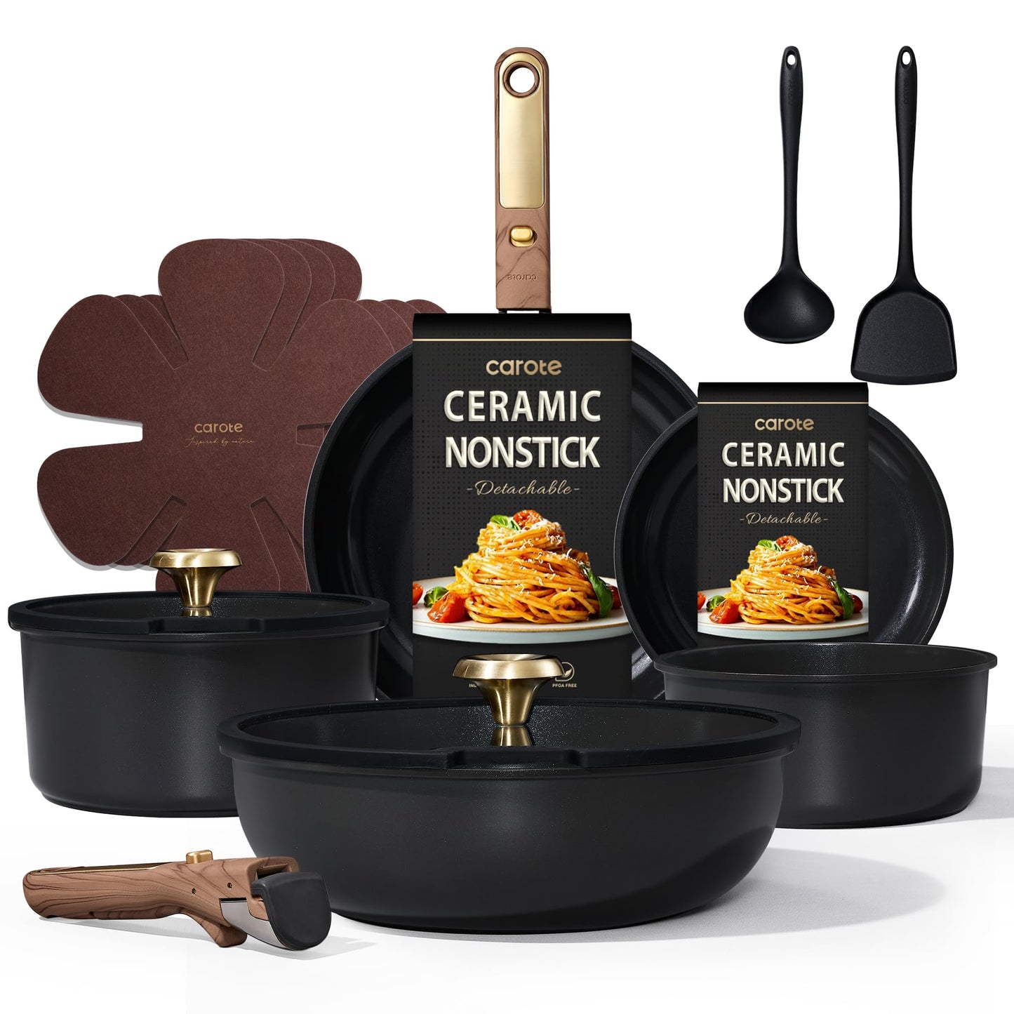 CAROTE 15Pcs Ceramic Cookware Set, Pots and Pans Set Non stick, Kitchen Cooking Set with Detachable Handle, Non Toxic Induction Cookware, Dishwasher/Oven Safe, PFAS Free, Black&Gold