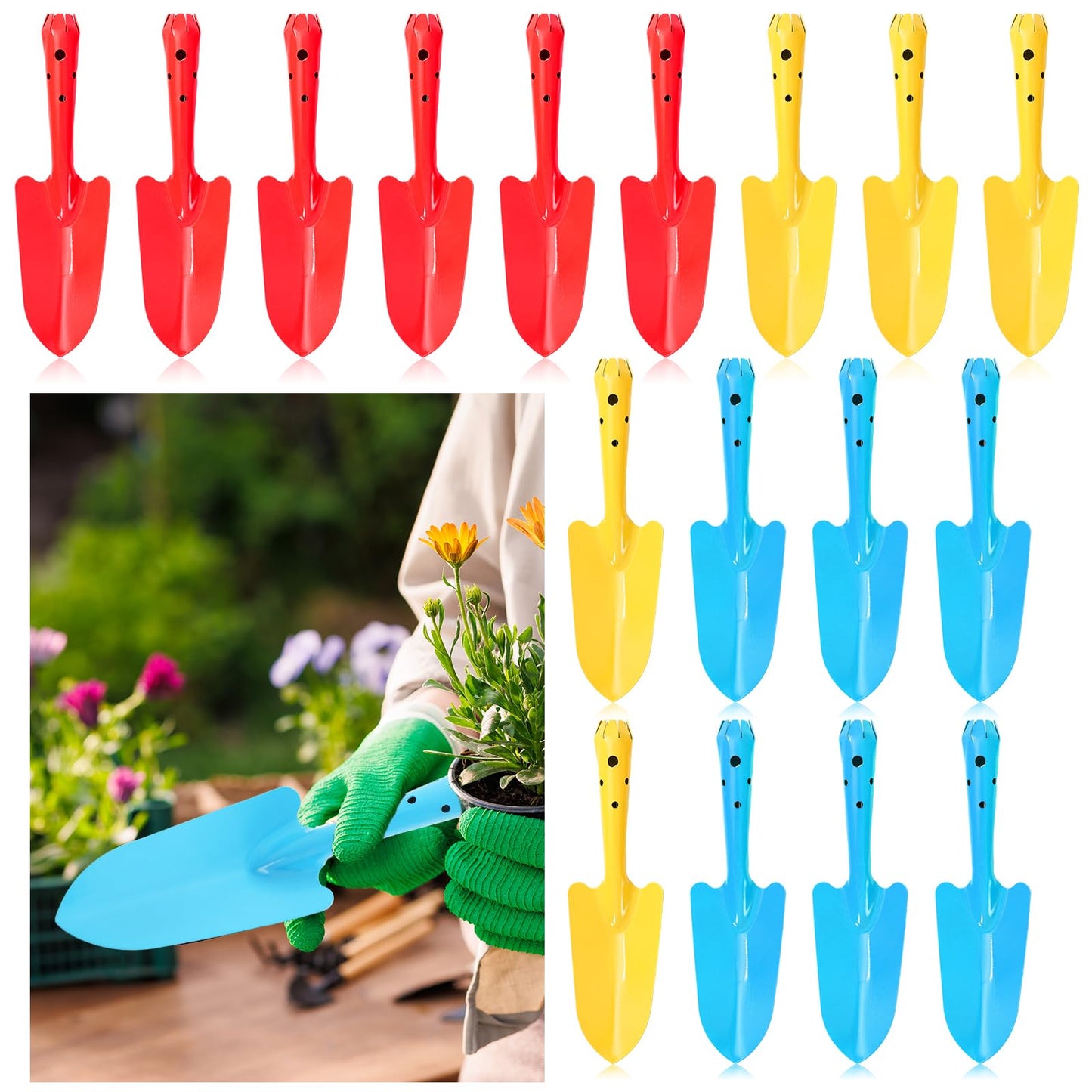 FYSUIMU 18Pcs Spring Colorful Garden Shovels Red Yellow Blue Pointed Tip Mini Shovels Teens Adults Students Metal Garden Tools for Flower Soil Planting Digging Transplanting Activities