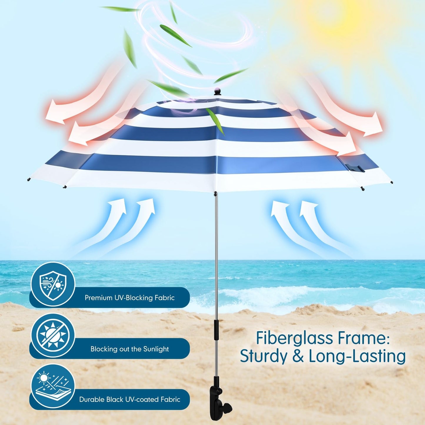 Breathffy 2 Pcs Beach Umbrella with Clamp UV Protection 48 Inch Adjustable Umbrellas for Chair with 360° Universal Clamps for Beach Camping Stroller Wheelchair, Chair Not Included(Blue Stripes)