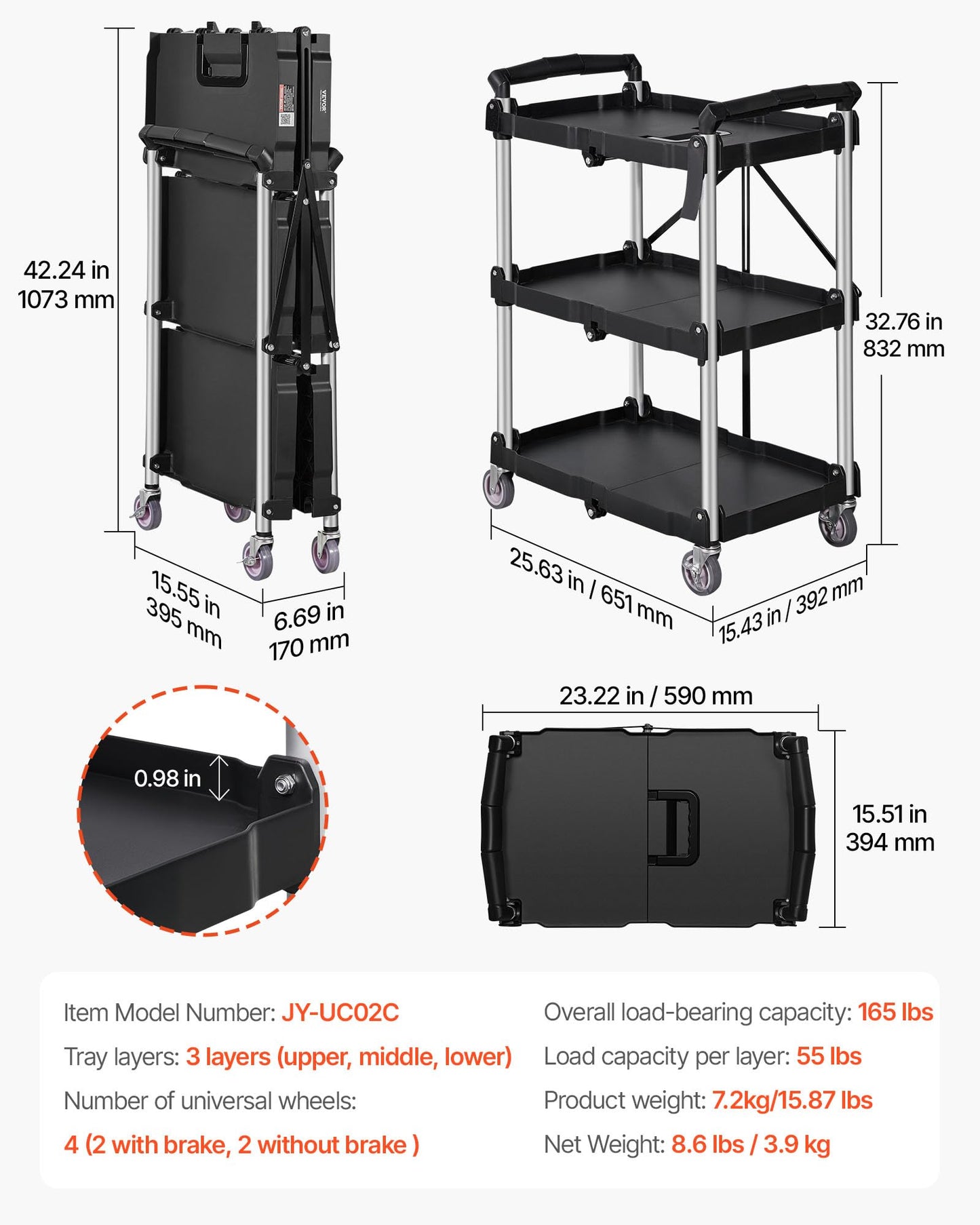 VEVOR Foldable Utility Service Cart, 165LBS 3 Shelf Heavy Duty Plastic Rolling Cart with 360° Swivel Wheels (2 with Brakes), Ergonomic Handle, Portable Garage Tool Cart for Warehouse Office Home