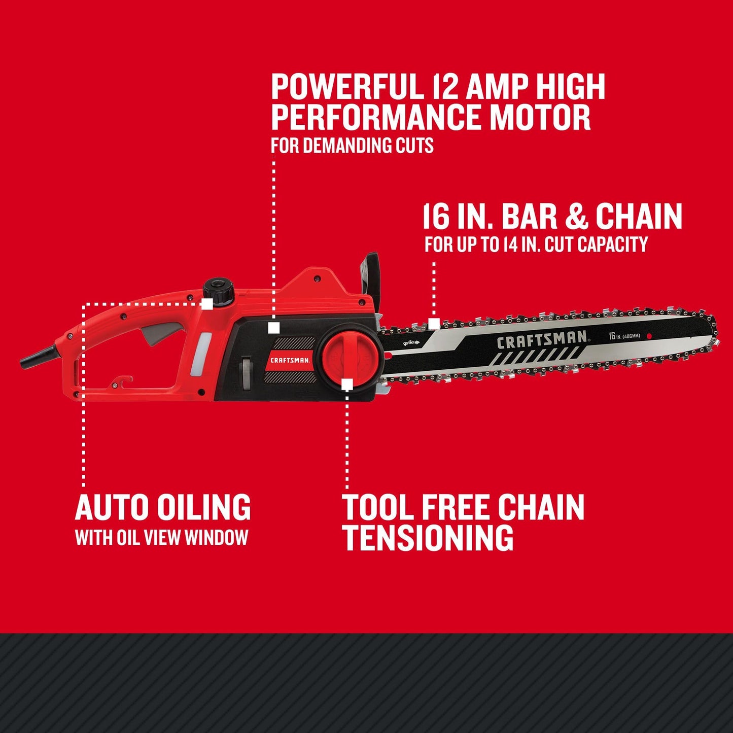 CRAFTSMAN Electric Chainsaw, 16 Inch, 12 Amp Corded Chain Saw Electric, Ergonomic, Powerful Motor (CMECS600)