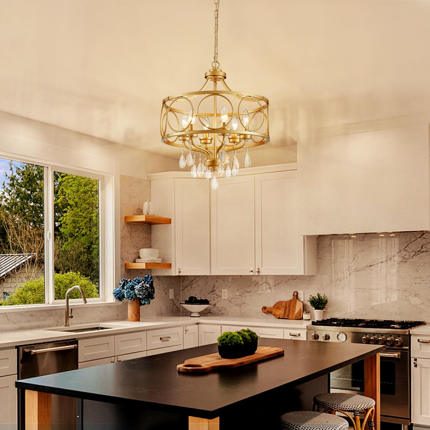 Majhoiw 6-Light Modern Gold Crystal Chandelier, 17.7" Farmhouse Ceiling Light Fixture, Hanging Metal Pendant Lights Kitchen Island Dining Room Entryway Foyer