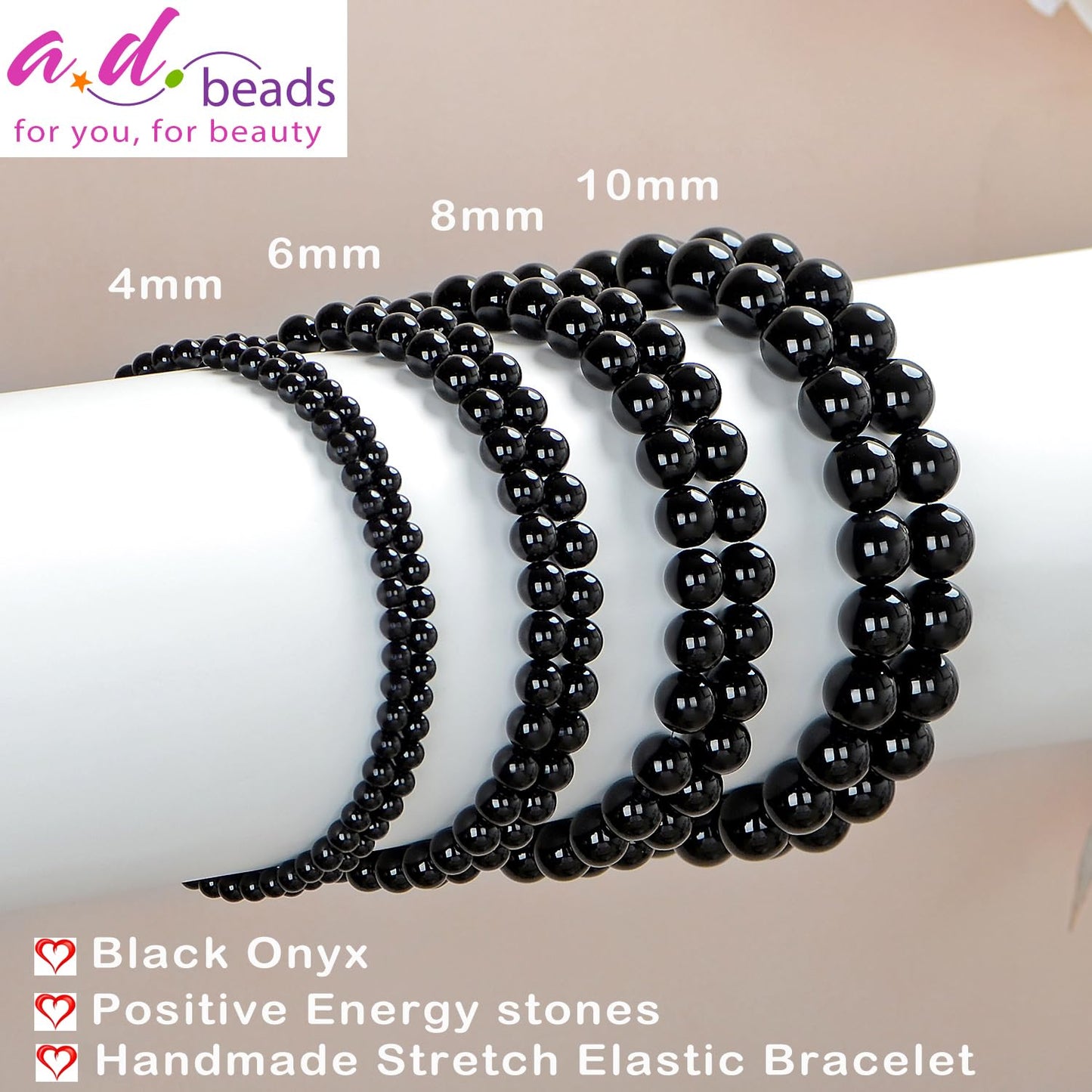 AD Beads Handmade Gemstone Stretch Elastic Bracelet Crystal Healing Reiki Nature's Beauty and Spiritual Essence Unisex (8mm, Black Onyx)