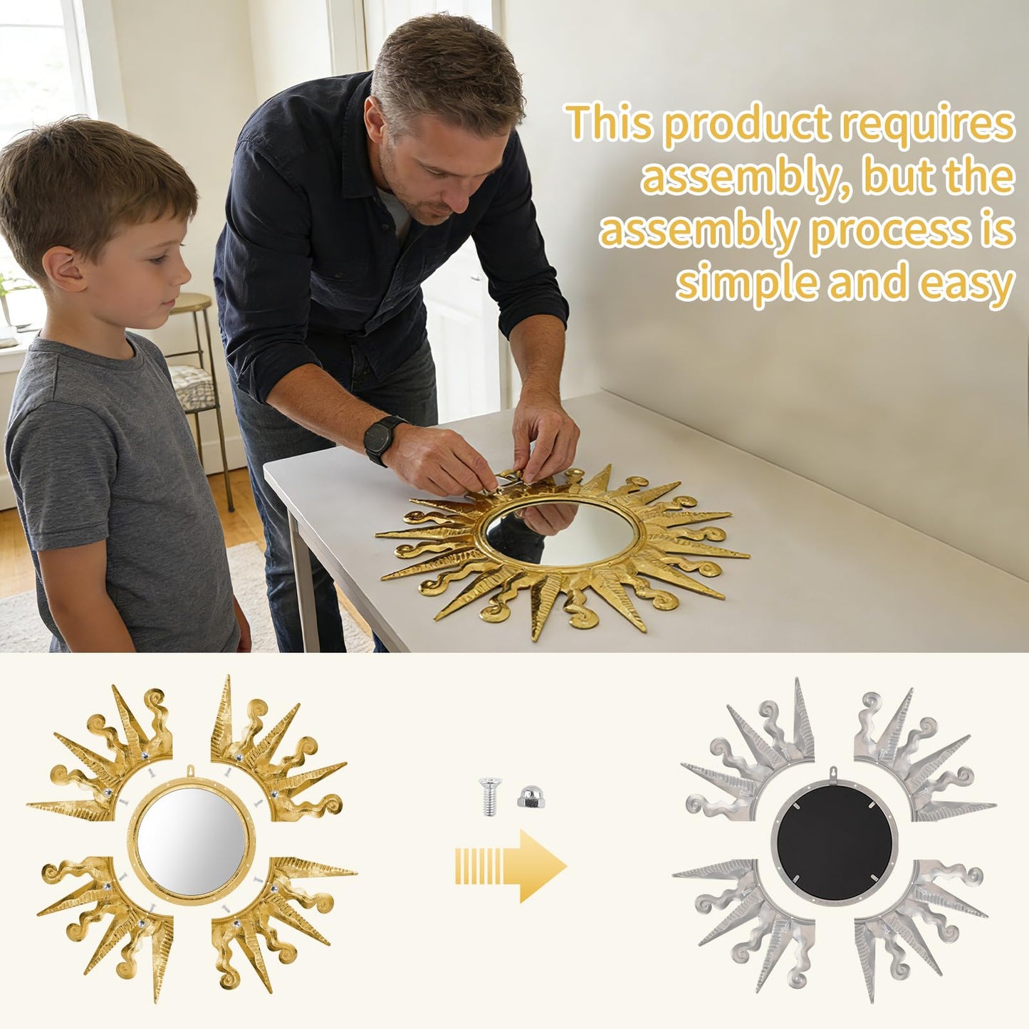 YIWEMON Golden Sun Wall Mirror Decorative 24 inch Metal Frame Mirror Sunburst Boho Mirror for Entryway Bedroom Living Room Bathroom House Warming Gifts New Home Essential