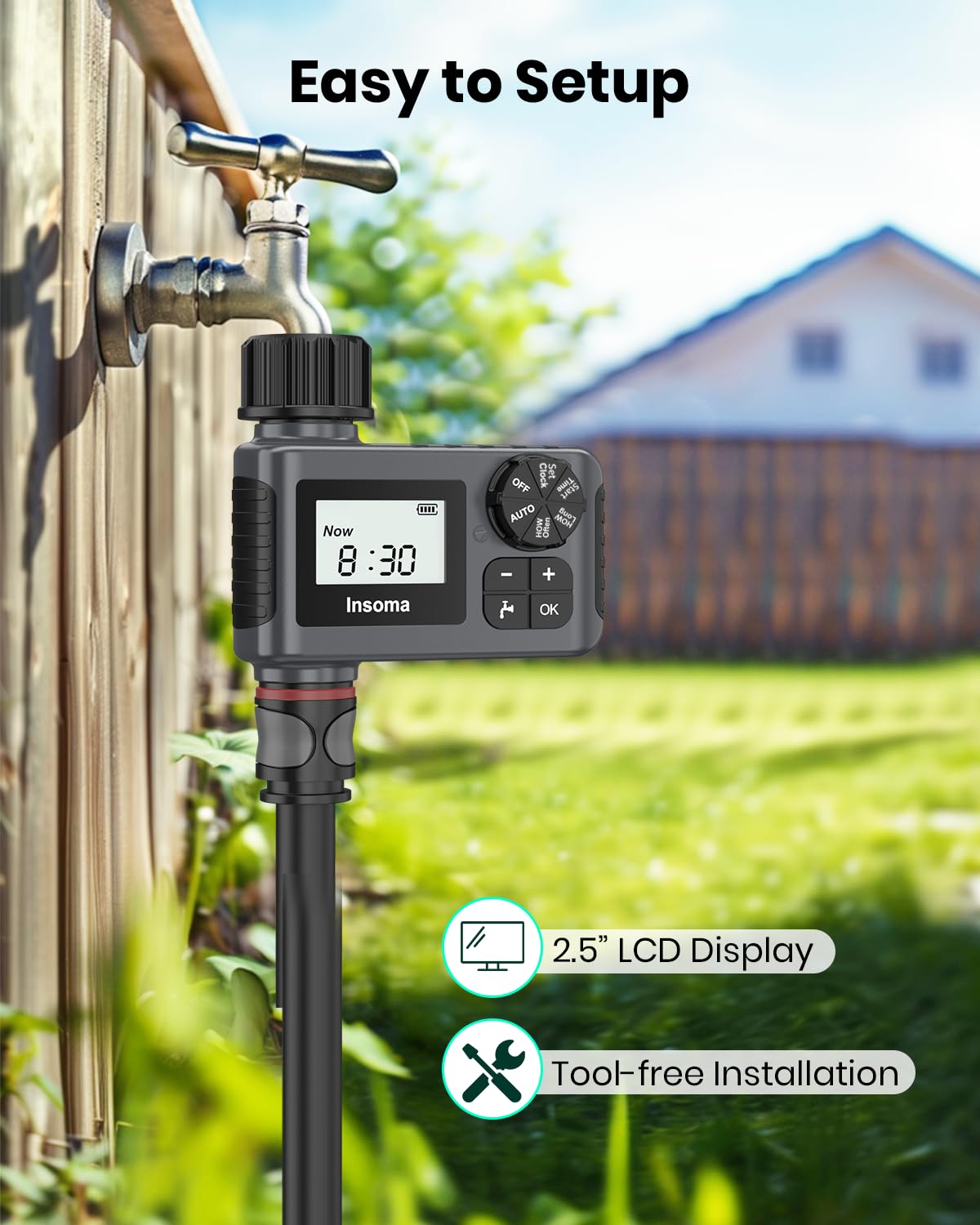 Outdoor Garden Hose Faucet Timers, Programmable Water Sprinkler Timer with Rain Delay/Manual/Automatic Drip Irrigation and Lawn Watering System for Yard, 1 Outlet