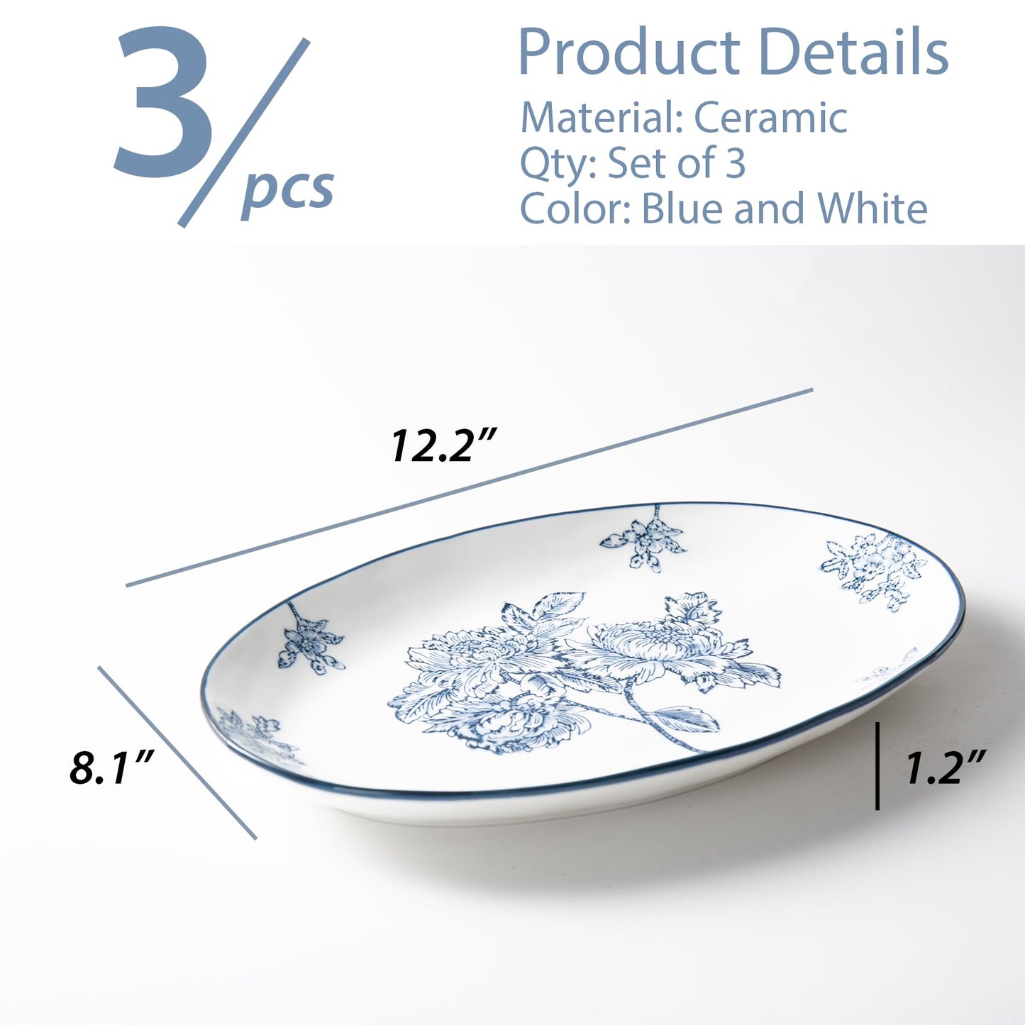 Magclay Ceramic Serving Platters, 12 Inch Large Serving Trays, Oval Plates for Dessert Appetizers Meat/Entertaining/Party, Blue and White, Set of 3