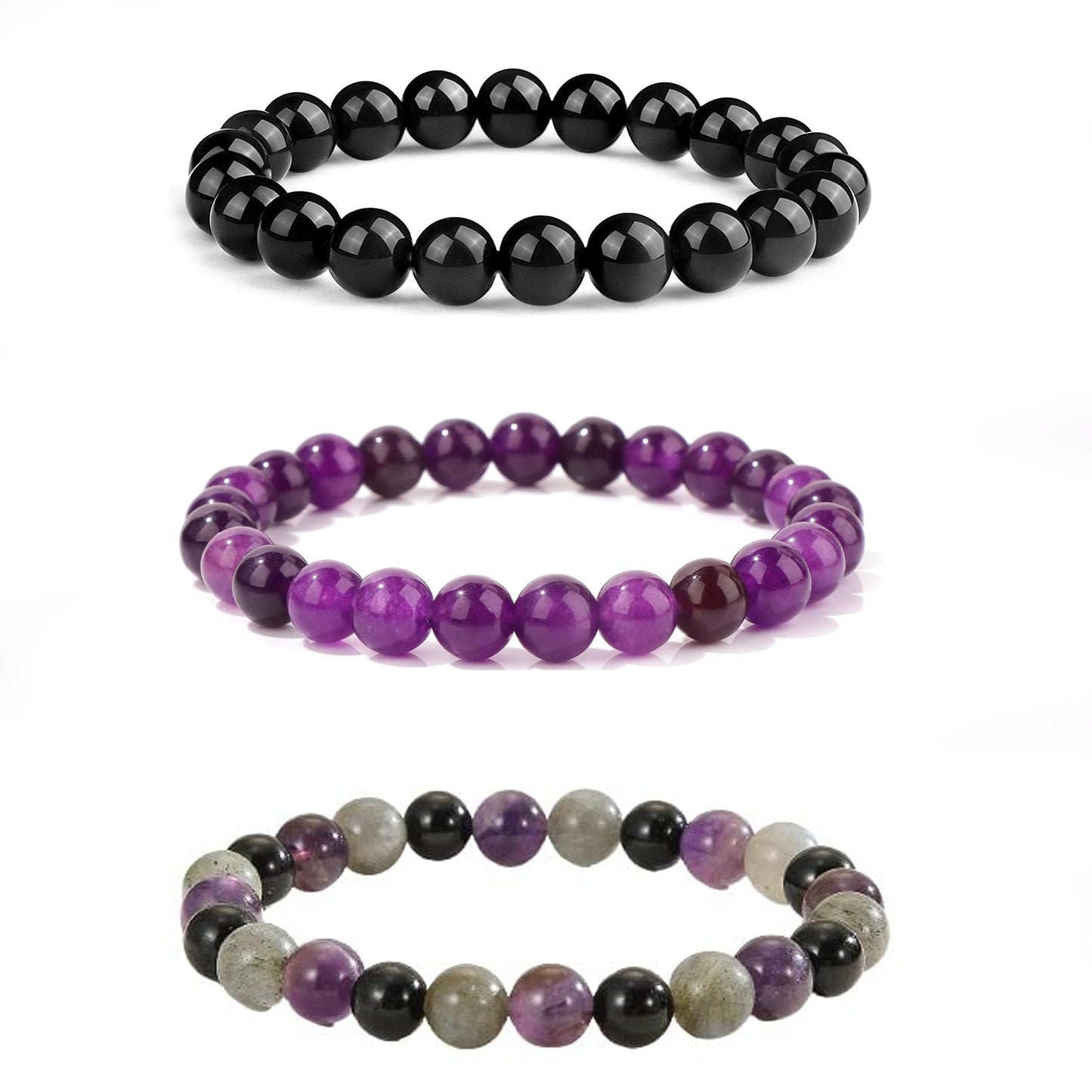 Crgwxzl 3pcs Anxiety Relief Protection Bracelets,Healing Black Tourmaline Crystal Bracelets for Women Men,8mm Natural Stone Amethyst Labradorite Beaded Spiritual Gemstone Jewelry Gifts