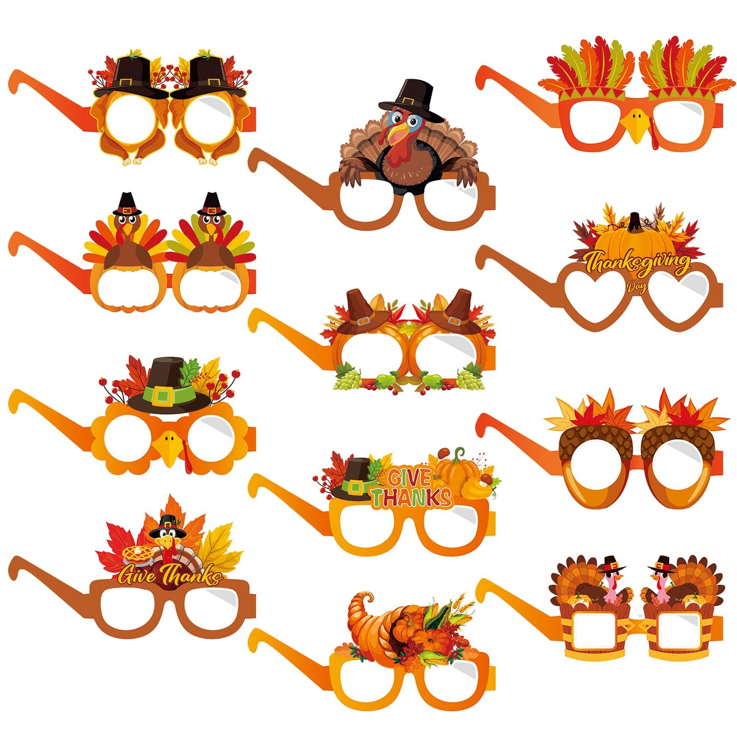 Jremreo 12 Pieces Thanksgiving Paper Glasses, Festival Fall Eyewear with Turkey and Autumn Designs for Holiday Photo Booth Props, Party Favors, and Thanksgiving Day Celebrations for Adults and Kids