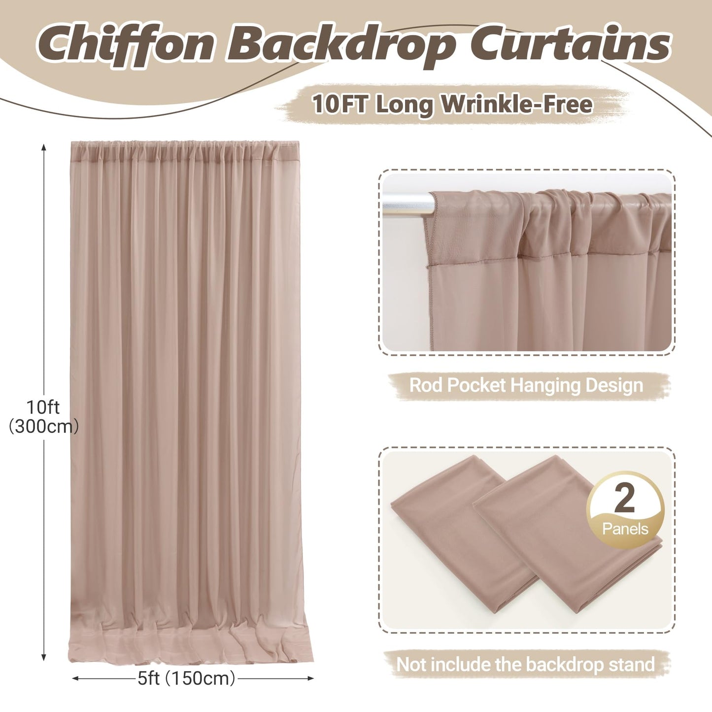10ft x 10ft Taupe Backdrop Curtain Drapes, Wrinkle-Free Sheer Chiffon Fabric Photo Backdrop Panels for Wedding Arch Party Ceremony Stage Photo Backgrounds