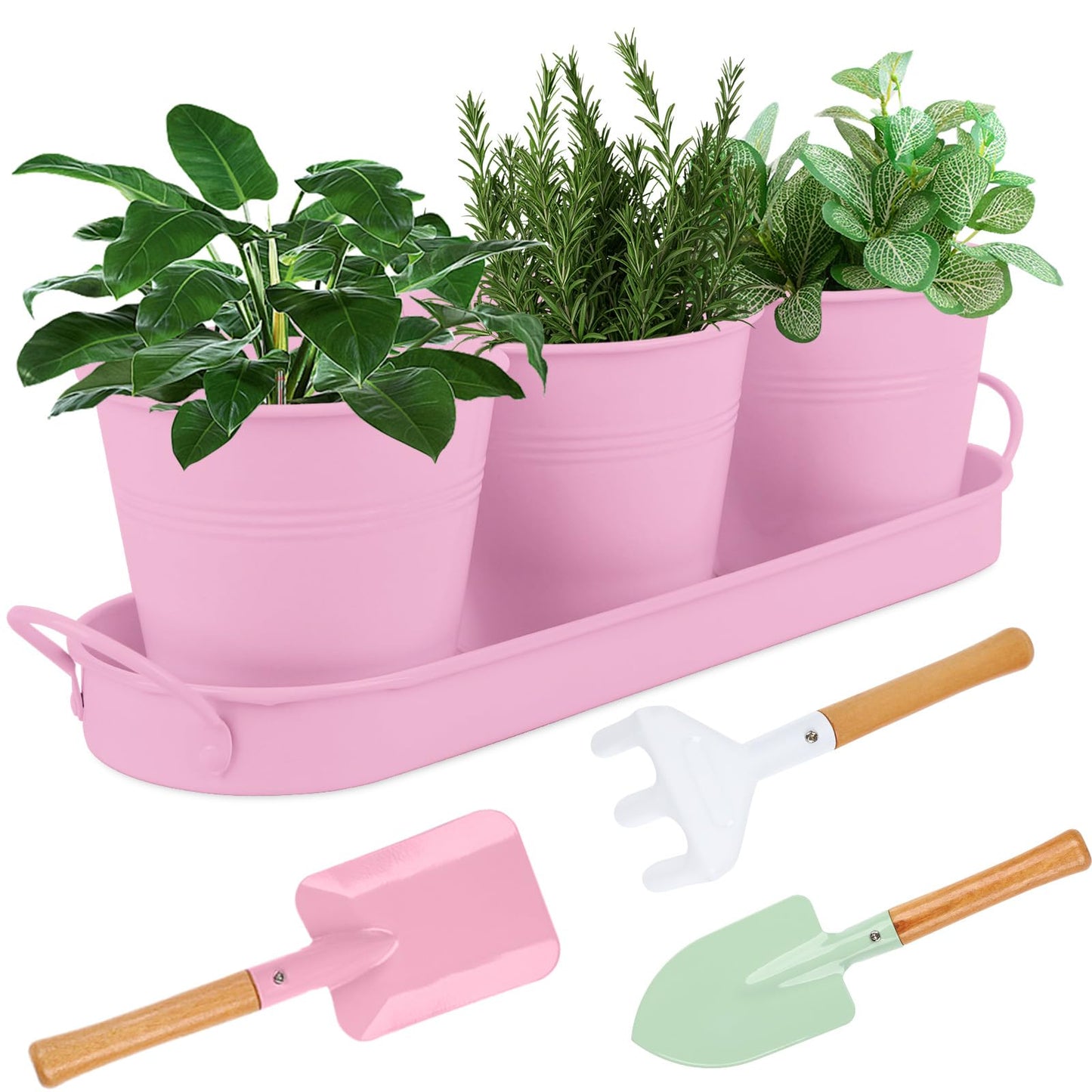 Linzenter Indoor Herb Garden Set of 3 with Tray and 3 Types of Gardening Tools, Metal Plant Pots Herb Garden Planter Kit with Drainage for Plants (Pink)