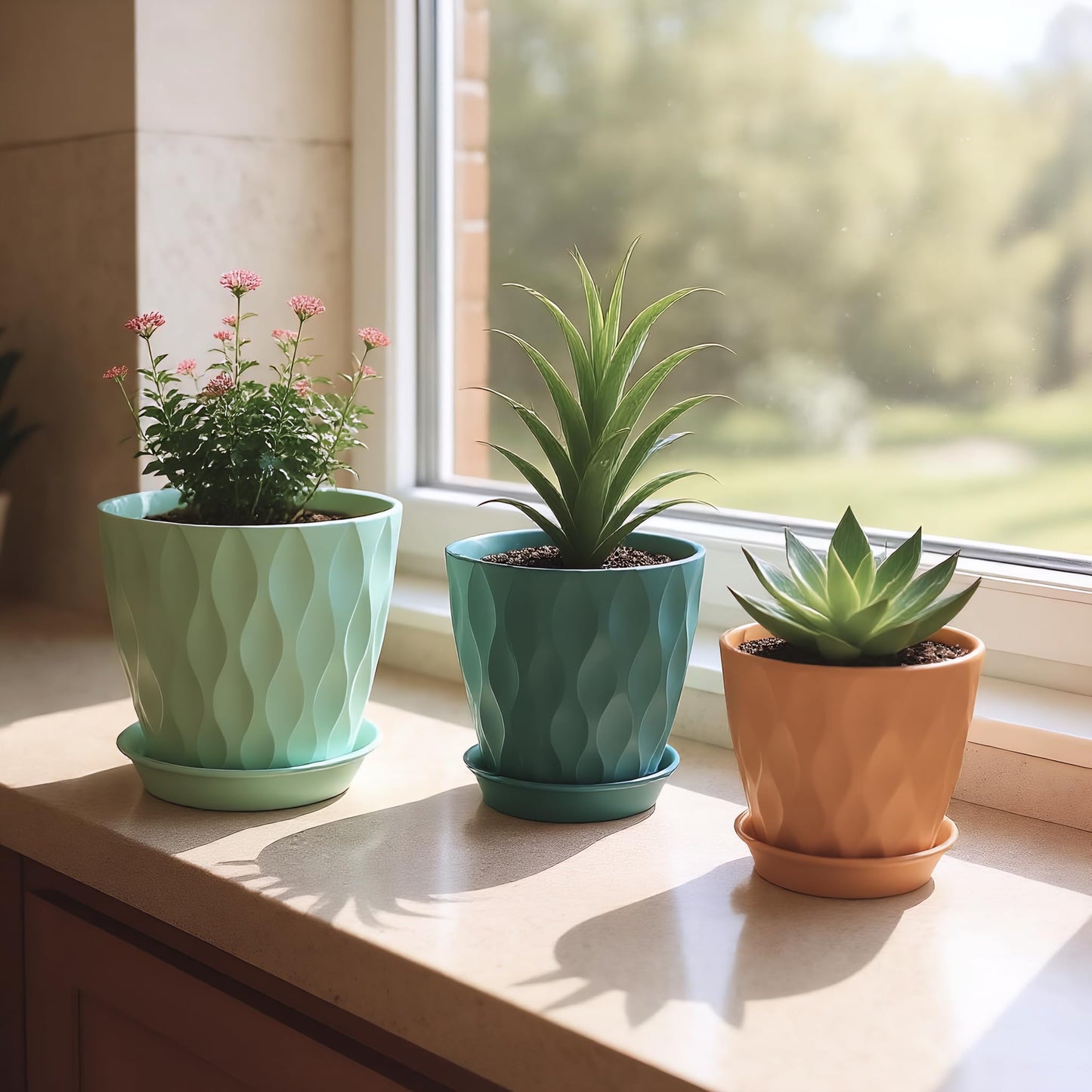 LESOASIS 7/6.5/6/5.5/5/4.5/4 inch Plastic Plant Pots, 7 Pack Flower Planter for Indoor Outdoor Plant, Planters with Drainage Holes and Trays (Colorful)