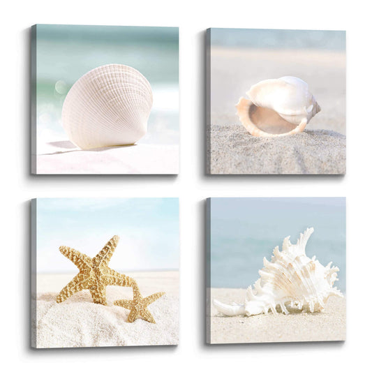 the stream design Beach Canvas Wall Art Bedroom: 4 Piece Living Room Bathroom Coastal Sea Creature Picture Modern Ocean Life Print Decor Calming Seaside Starfish Seashell Conch Painting Artwork