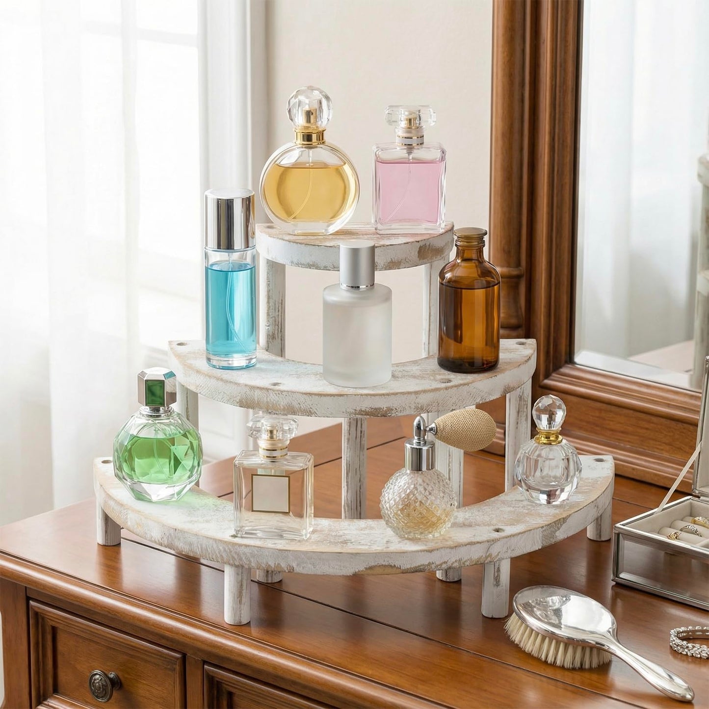 MyGift 3 Tier Wooden Display Riser Stand, Cupcake Stand & Perfume Organizer, Rustic Whitewashed Tiered Display Shelf for Desserts, Nail Polish, Makeup, Plants & Collectibles