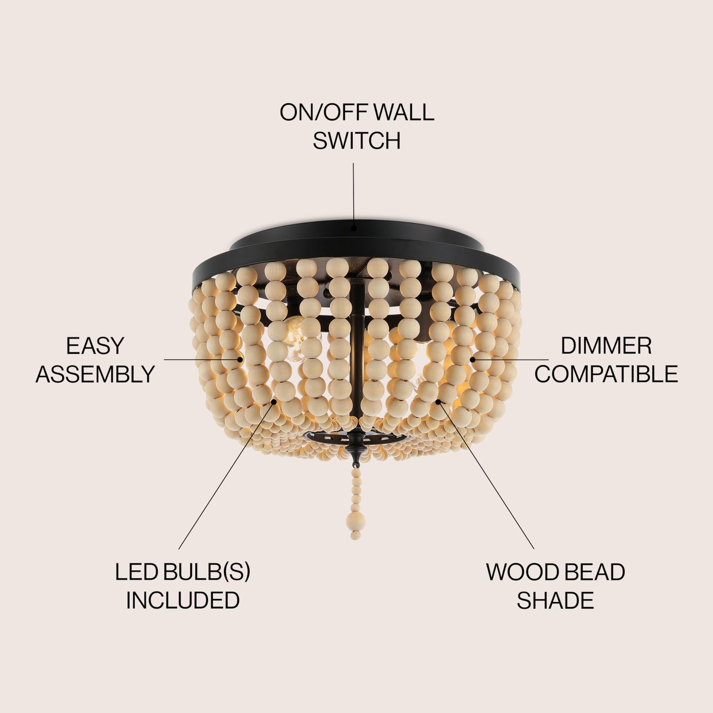 JONATHAN Y 10" Black/Cream Allison 2-Light LED Flush Mount Ceiling Light for Bedroom, Wood Beaded Shade Shabby Chic Farmhouse Rustic Decor, LED Bulbs Included (JYL9074B)