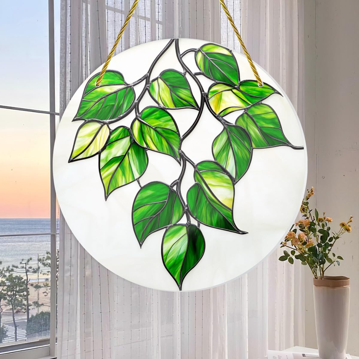 CDSASHCA Green Plants Shatterproof Acrylic Wall Art 6x6 Inch Nature Theme Decor for Living Room, Bathroom, Office Waterproof Stained Glass Panel with Leaf Patterns Easy Install Gift Idea