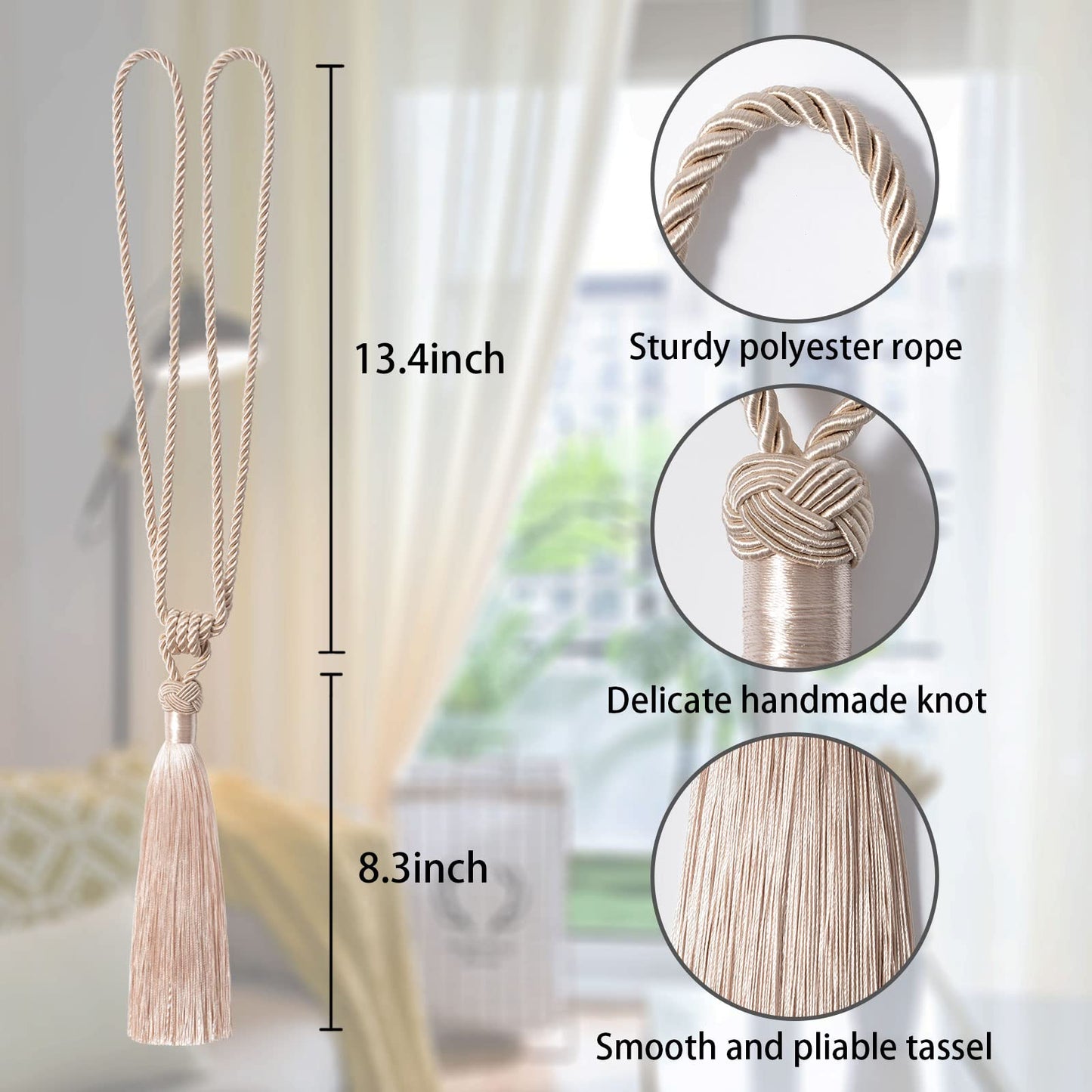 NICEEC 2 Pack Long Tassel Curtain Tiebacks Handmade Braided Rope Knot Drape Tie Backs European Style Decorative Curtain Holdbacks for Home & Office Window Drapery (Dark Beige)