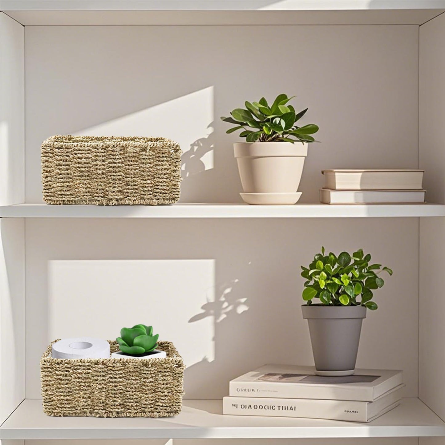 YRMT Small Seagrass Storage Basket Toilet Paper Baskets with Built-in Handles Bathroom Organizer Narrow Baskets for Organizing Toilet Tank 2 Pack (Seagrass)
