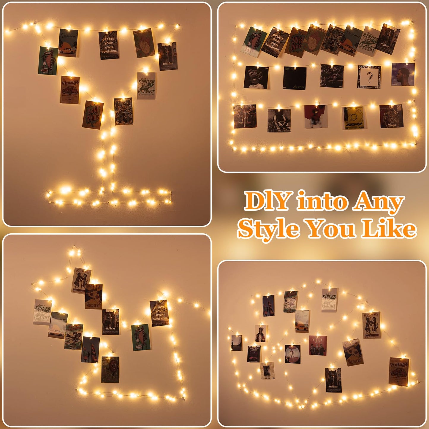 Lakumu Rechargeable Photo Clips String Lights with 8 Modes, 50 Clips 20 Hooks, 17ft 50 LED Fairy Lights with Timer for Wall, Girls Room Decor, Bedroom, Christmas, Party, Wedding
