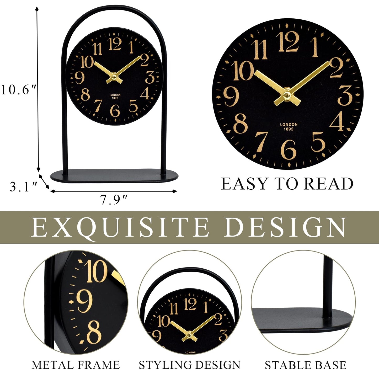 Modern Black Desk Clock - 10.6 Inch Arched Table Clock with Silent Non-Ticking Quartz Movement, Battery Operated Decorative Mantel Clock with Gold Arabic Numerals for Bedroom, Shelf & Office Decor