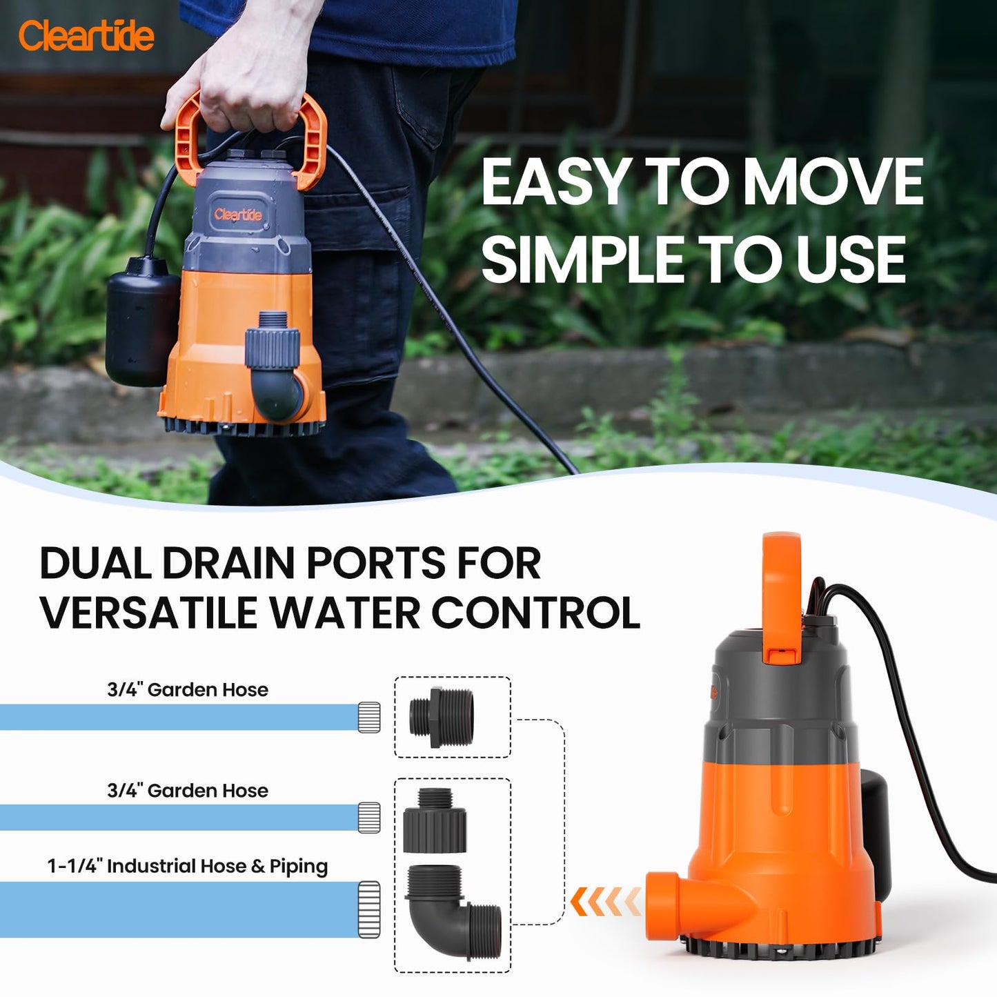 Cleartide Submersible Sump Pump with Tethered Float Switch, 1/2 HP Utility Water Pump, Electric Drain Pump Handles 3/8" Solids, 10 FT Cord