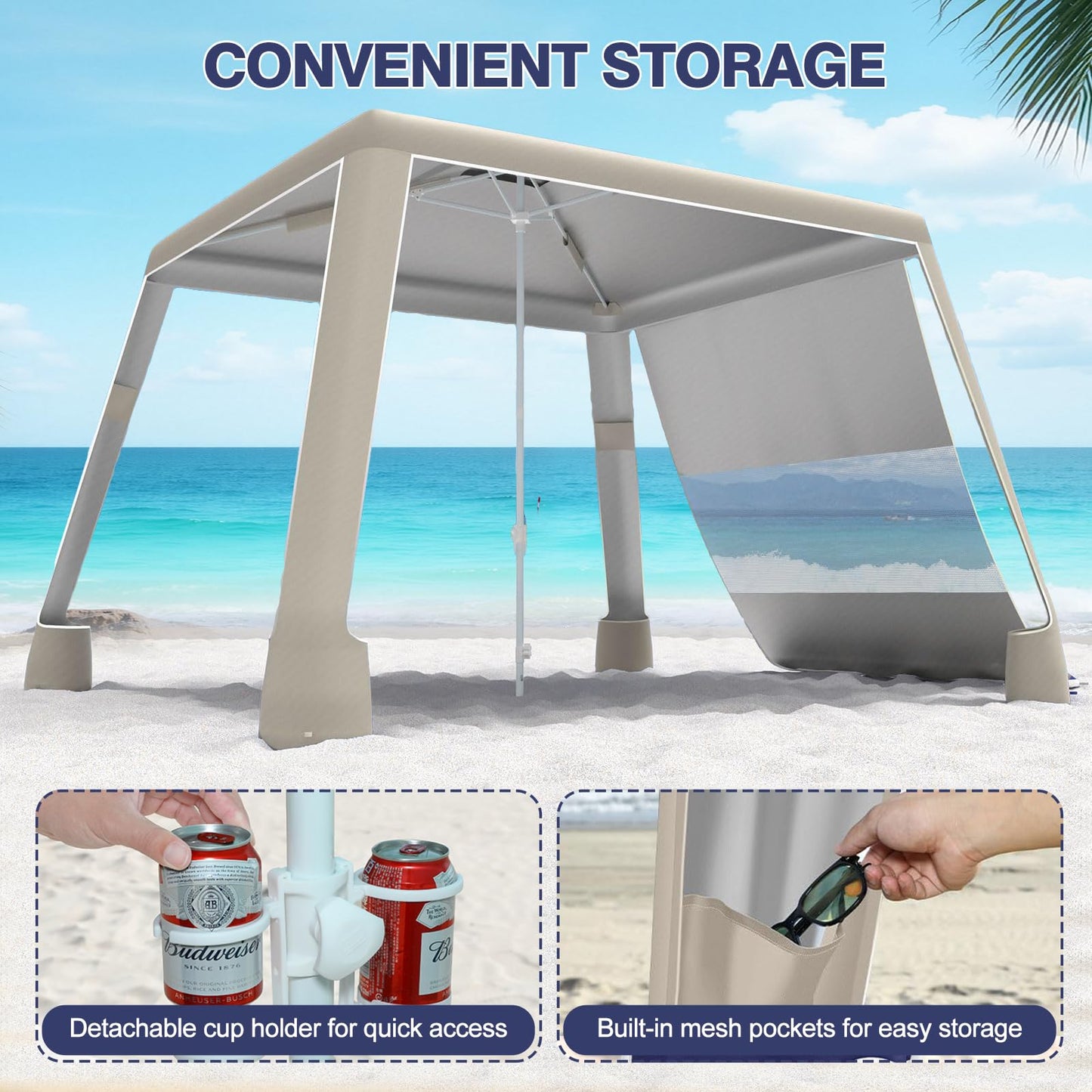 cepkquis Beach Tent,8'×8' Large Beach Canopy for 4-6 People,Easy Setup Beach Sun Shelter with UPF 50+ Protection,Adjustable Height & Wind Resistant Beach Cabana for Family,Party (Khaki - Solid)