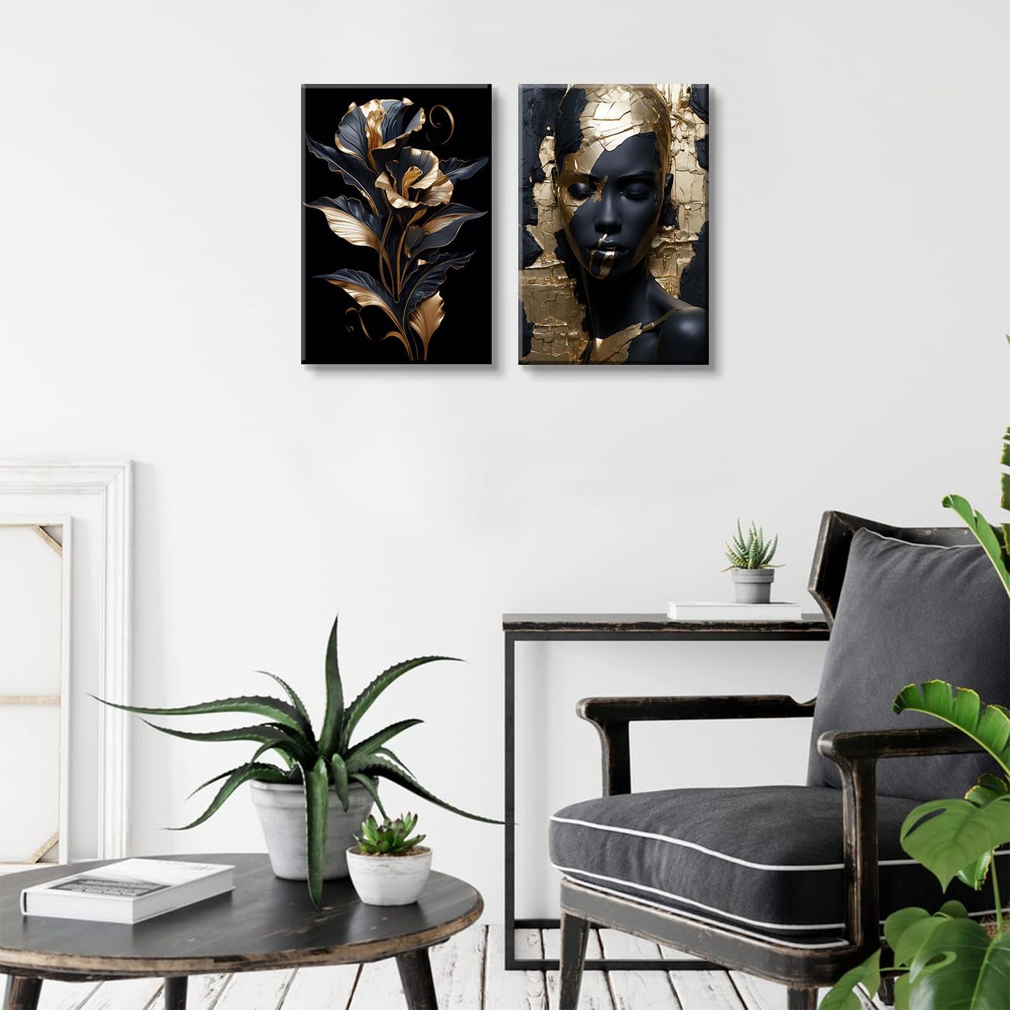 2 Pieces Black Gold African American Women Wall Art African American Wall Decor Gorgeous Woman Portrait Gold Flowers Painting Picture Prints for Bedroom Living Room Hallway Ready to Hang 12x16 Inch